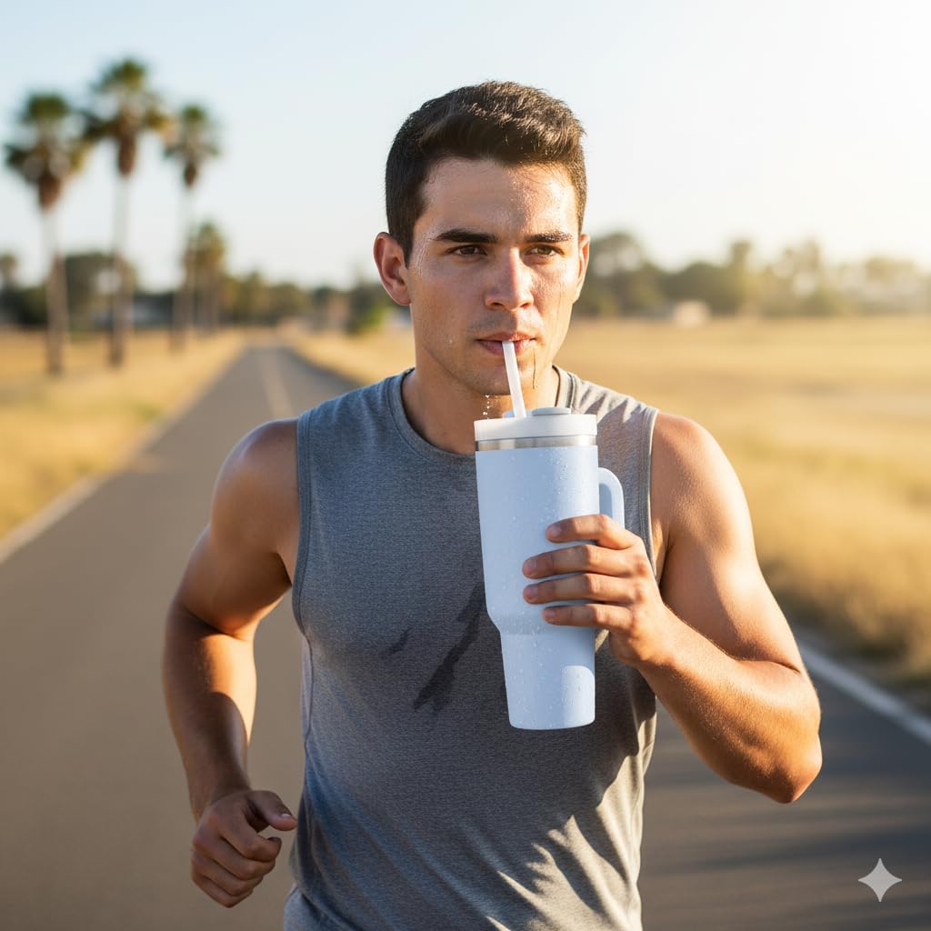 Insulated Stainless Steel Tumbler with Handle and Straw, 40 oz, Multiple Colors, Vacuum Sealed Travel Mug with Straw Lid, Hot and Cold Drink Cup, 304 Steel, 3 Position Lid (Light Blue) - Image 2