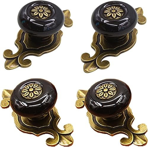 Pomos de cerámica para gabinete, 4 unidades Perillas vintage elegantes para cajones de vestir con placa trasera de bronce, manijas decorativas para