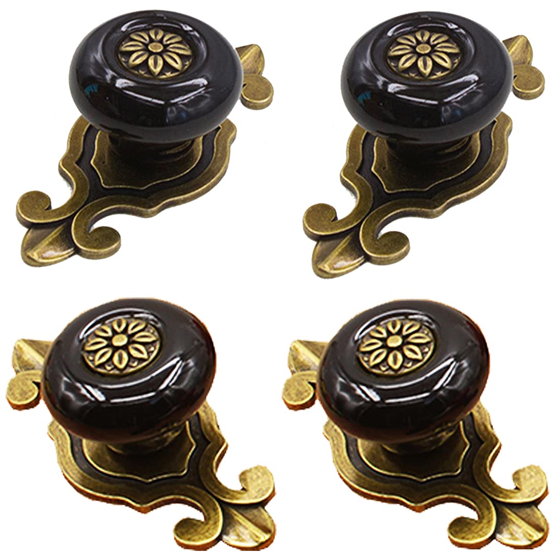 Kelier Green,Bronze,Black Ceramic Cabinet Knobs, [4 Pack] Vintage Elegant Drawer Knobs With Backplate, Cabinet Pull Handles For Kitchen/Dresser Drawer/Cupboard/Wardrobe, Black