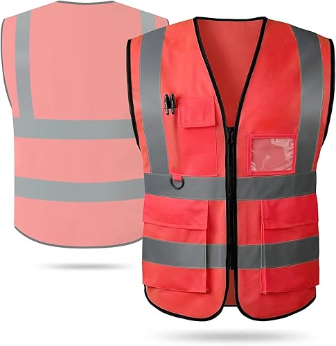 Chaleco de seguridad con bolsillos y cremallera para mujeres y hombres, chaleco reflectante de alta visibilidad, para trabajo de construcción,