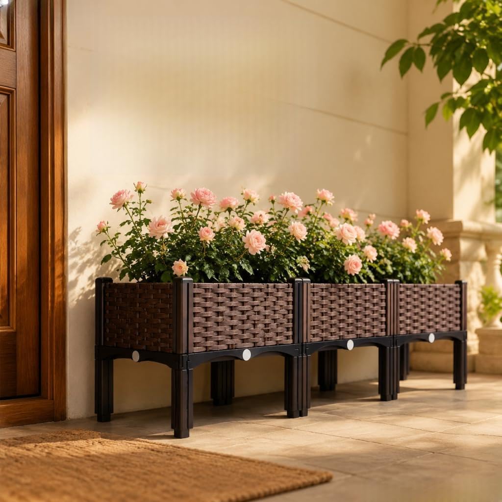 47 Inch Wicker Elevated Garden Planter with Legs - Rectangular Raised Bed with Self-Watering Design for Outdoor Vegetables, Flowers & Herbs, Large Gardening Box for Patio, Backyard & Balcony