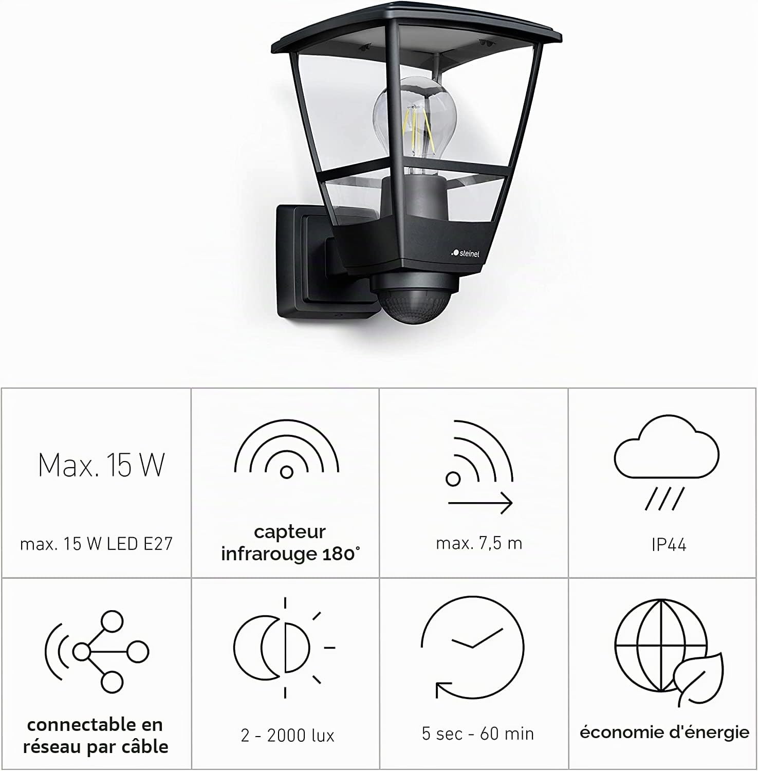 Steinel Applique murale extérieure L 10 S noir, avec détecteur de mouvement 180°, luminaire classique E27 max. 15 W