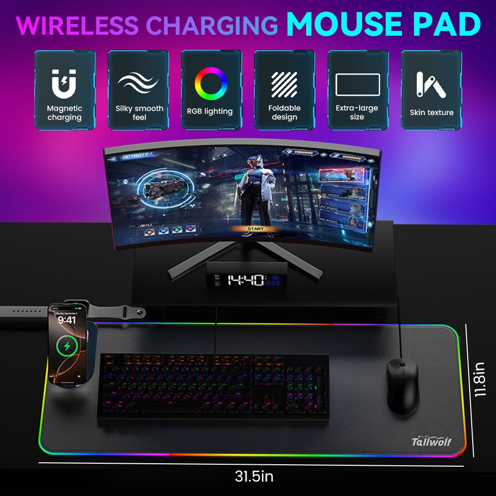HomeBeyond Tappetino per mouse da gioco RGB, tappetino per mouse con ricarica wireless per cellulari, auricolari e Apple Watch, 15 modalità di illuminazione dinamica, grande tastiera da 31,5 x 11,8 cm