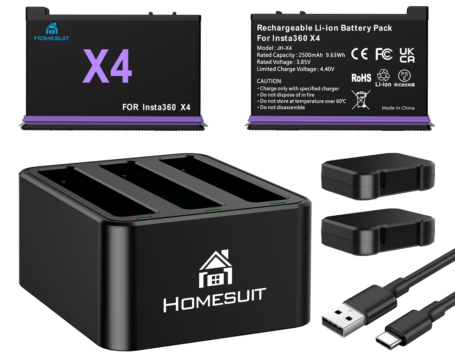 Homesuit Insta 360 Ersatzakku und USB Ladegerät, Kompatibel mit Insta360 Action Kamera Zubehör mit Misro SD Kartensteckplätzen
