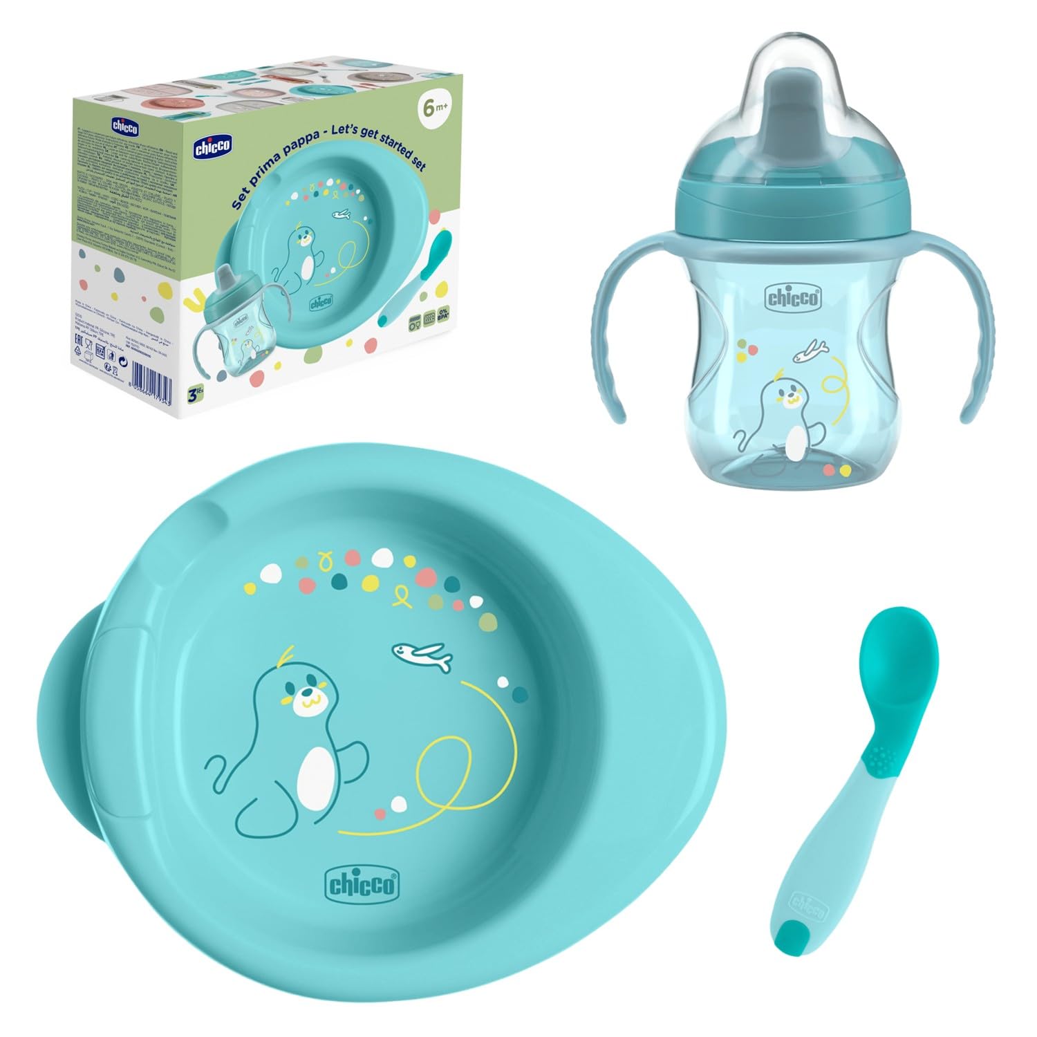 Chicco Set Pappa Completo 6 Mesi+, Tazza Training Cup, Primo Cucchiaio e Piatto Pappa Calda, Kit Svezzamento Antiscivolo, 0% BPA, Azzurro, Idea Regalo Bimbo