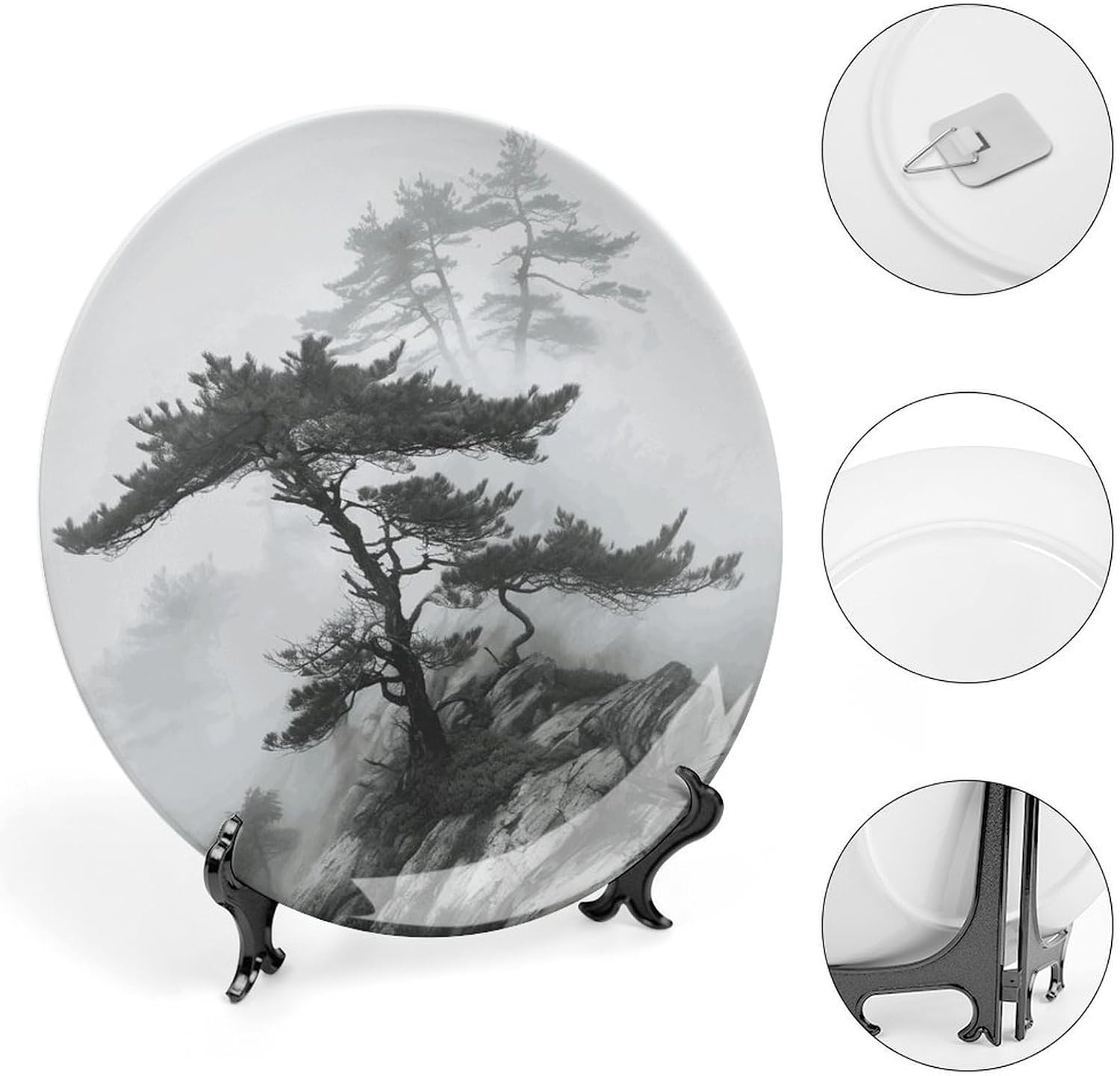 Bone China Decorative Plates Foggy Mountain Pine Tree Ceramic Decorative Plate Wall Decor with Display Stand Ceramic Ornaments for Wall Hanging Decoration