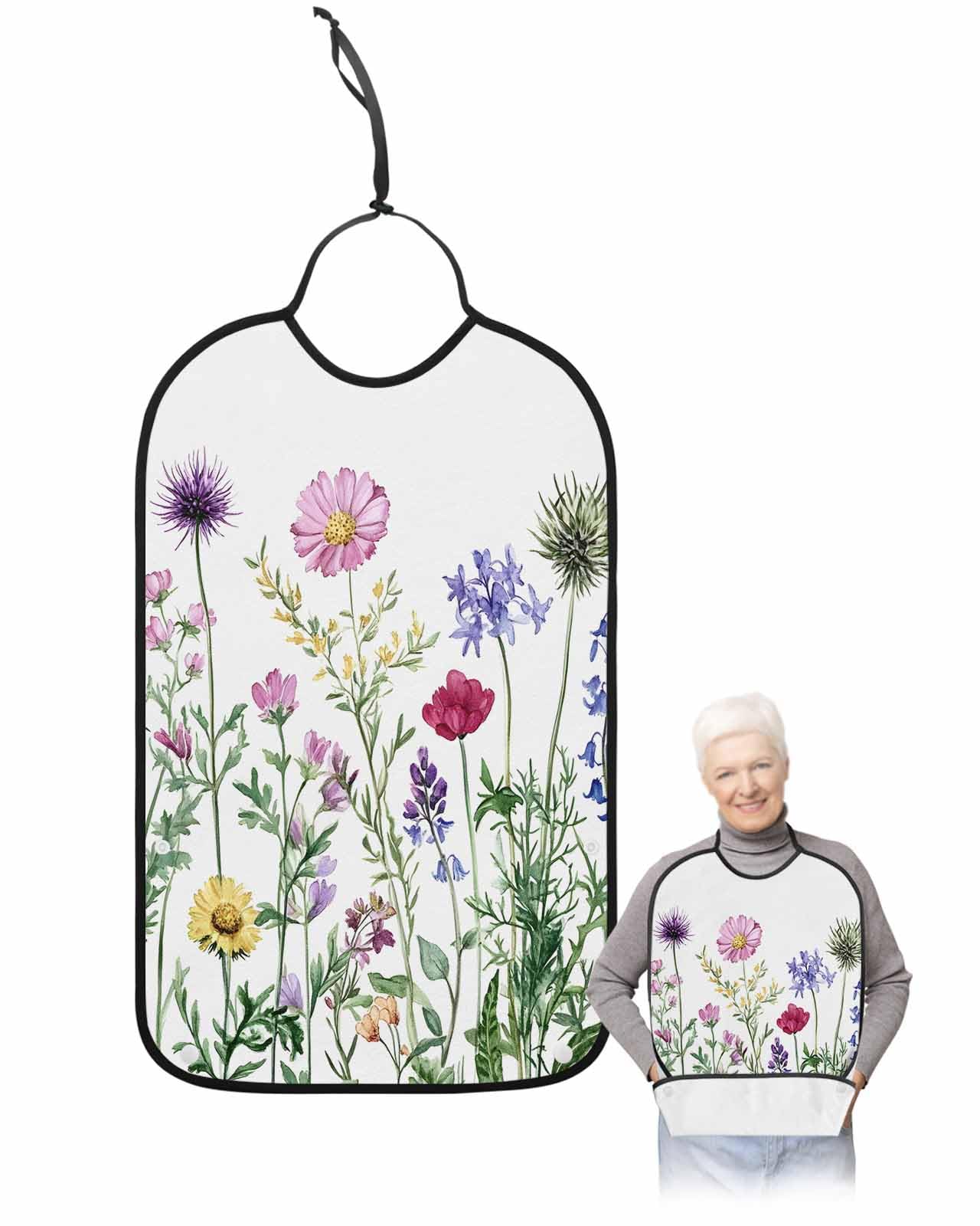 Onekaccu Botanical Flower Adult Bibs for Elderly Women Men Washable Bibs for Eating, Spring Summer Plant Leaves Watercolor Waterproof Clothing Protectors Adult Bibs with Crumb Catcher