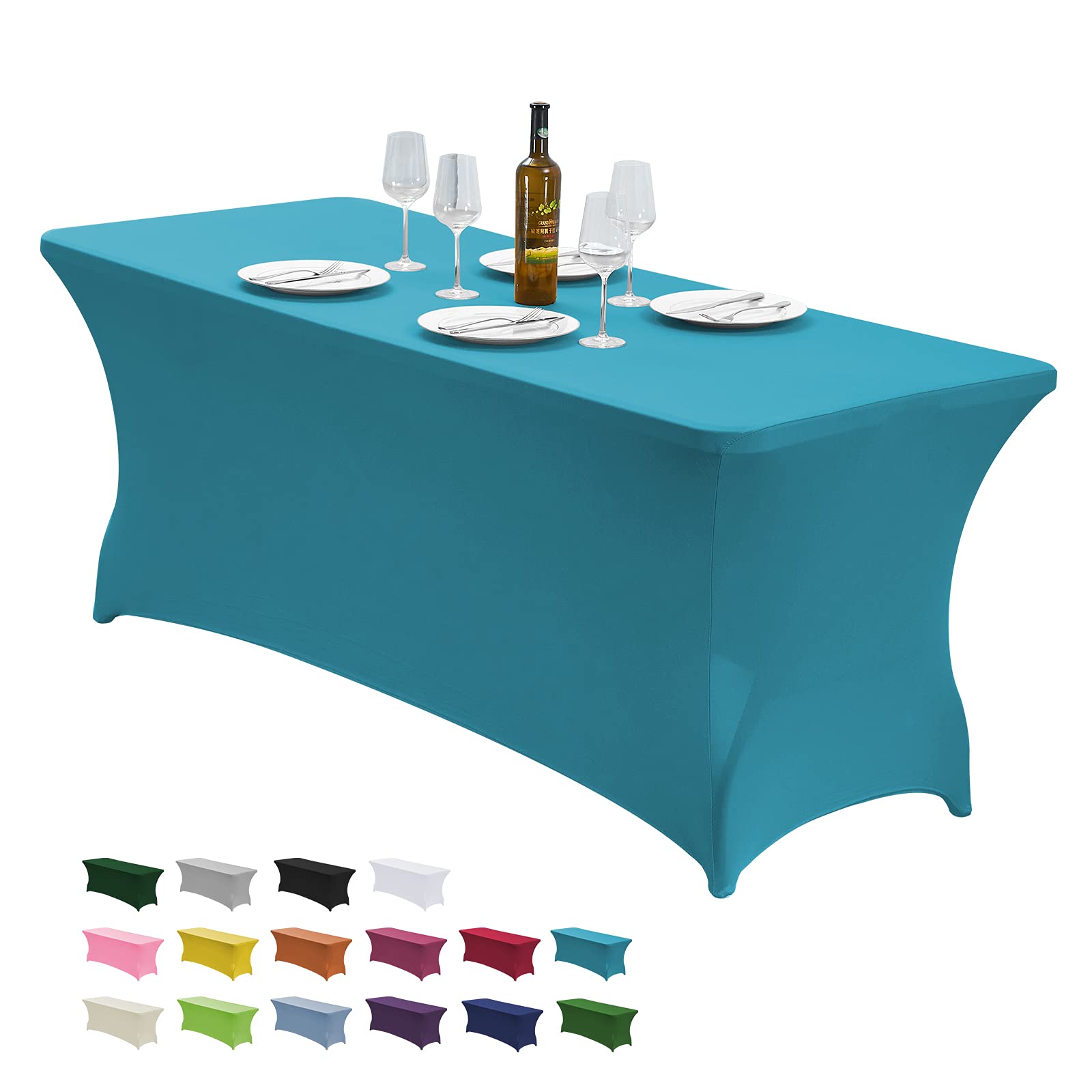 CWK 6FT Stretch Spandex Table Cover for Rectangular Fitted Folding Tables, Wrinkle Resistant, Elastic Stretchable Patio Tablecloth Protector for Party, Banquet, Wedding and Events (Lake Blue)