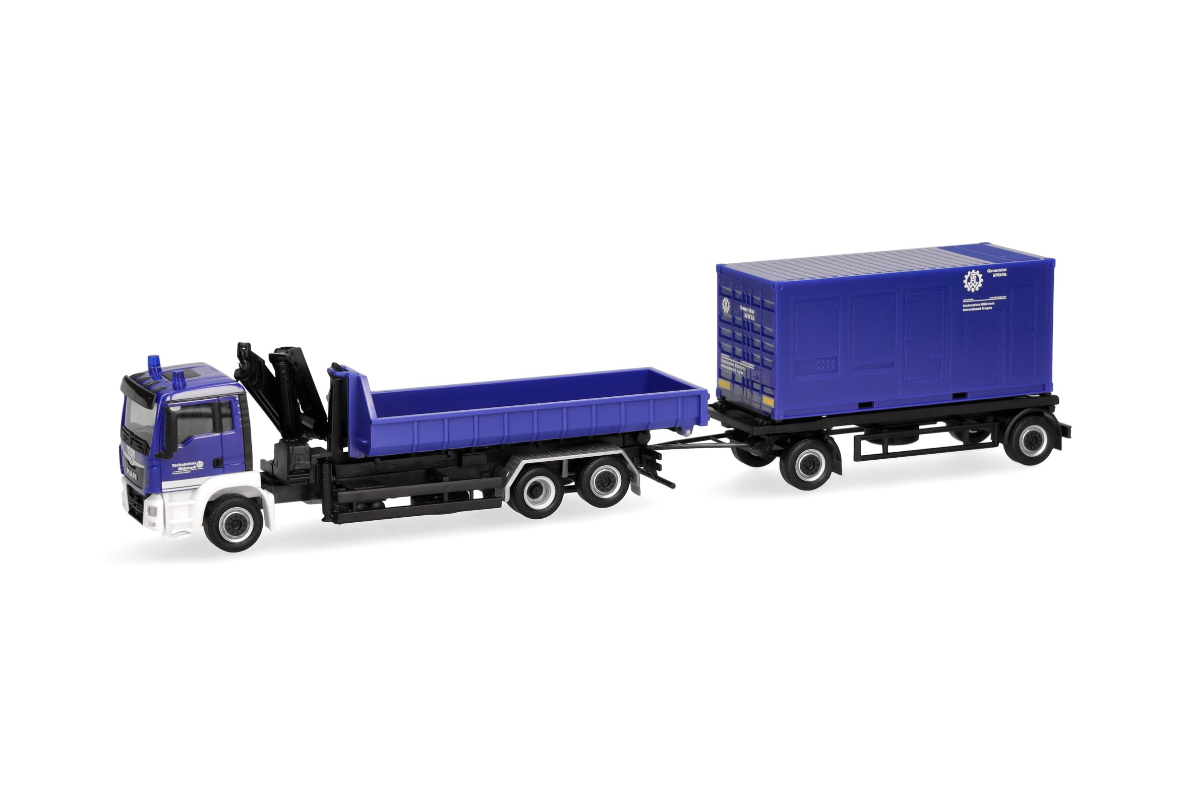 Herpa LKW Modell MAN TGS M Wechsellader-LKW mit Anhänger „THW Singen“ (Baden-Württemberg/Singen), Miniatur im Maßstab 1:87, Sammlerstück, Made in Germany, Kunststoff