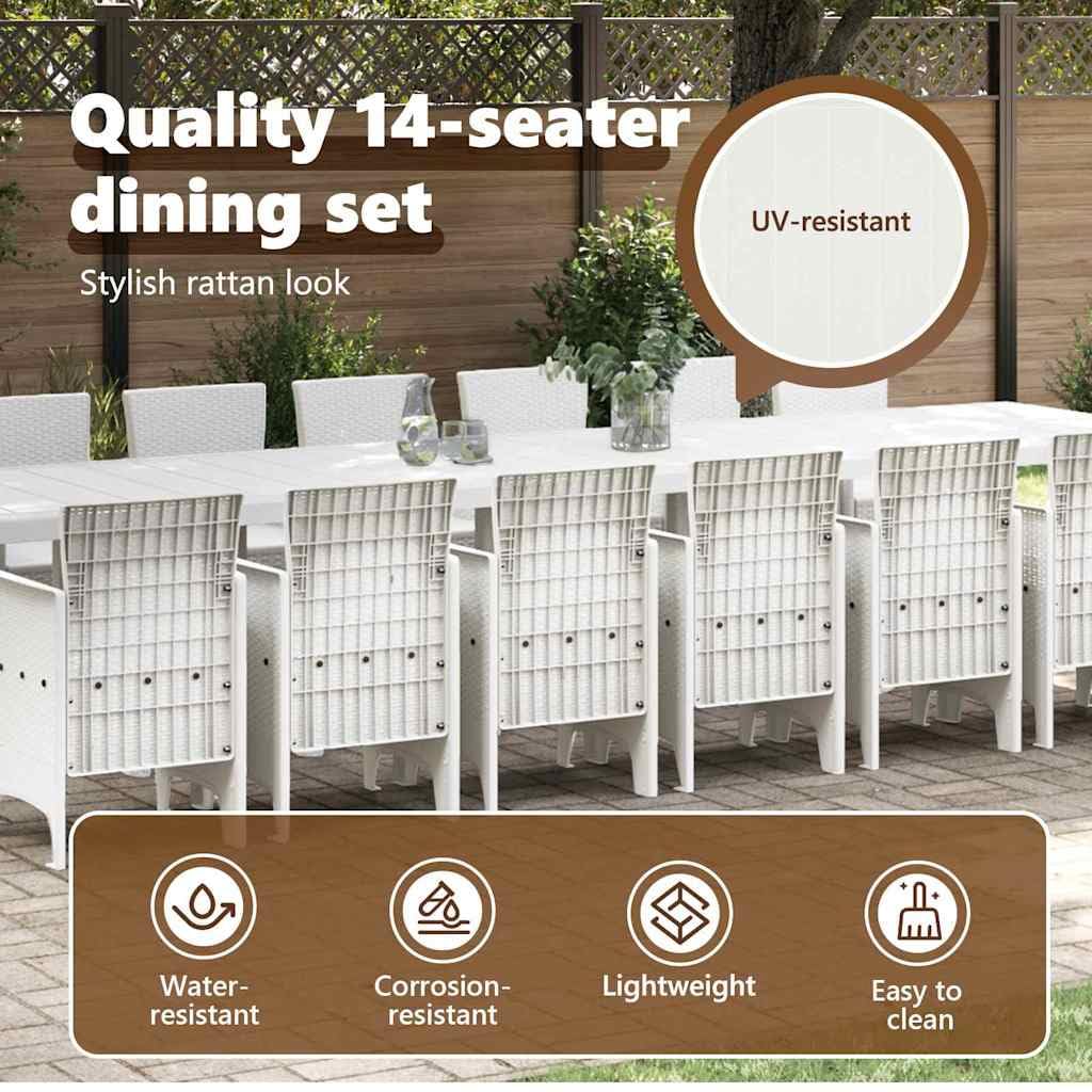 vidaXL Set da Pranzo da Giardino con Cuscini 15 PCS Bianco PP, Set da Pranzo per familiari all'aperto, Rettangolare, arredo Moderno, Chic per Feste in Giardino