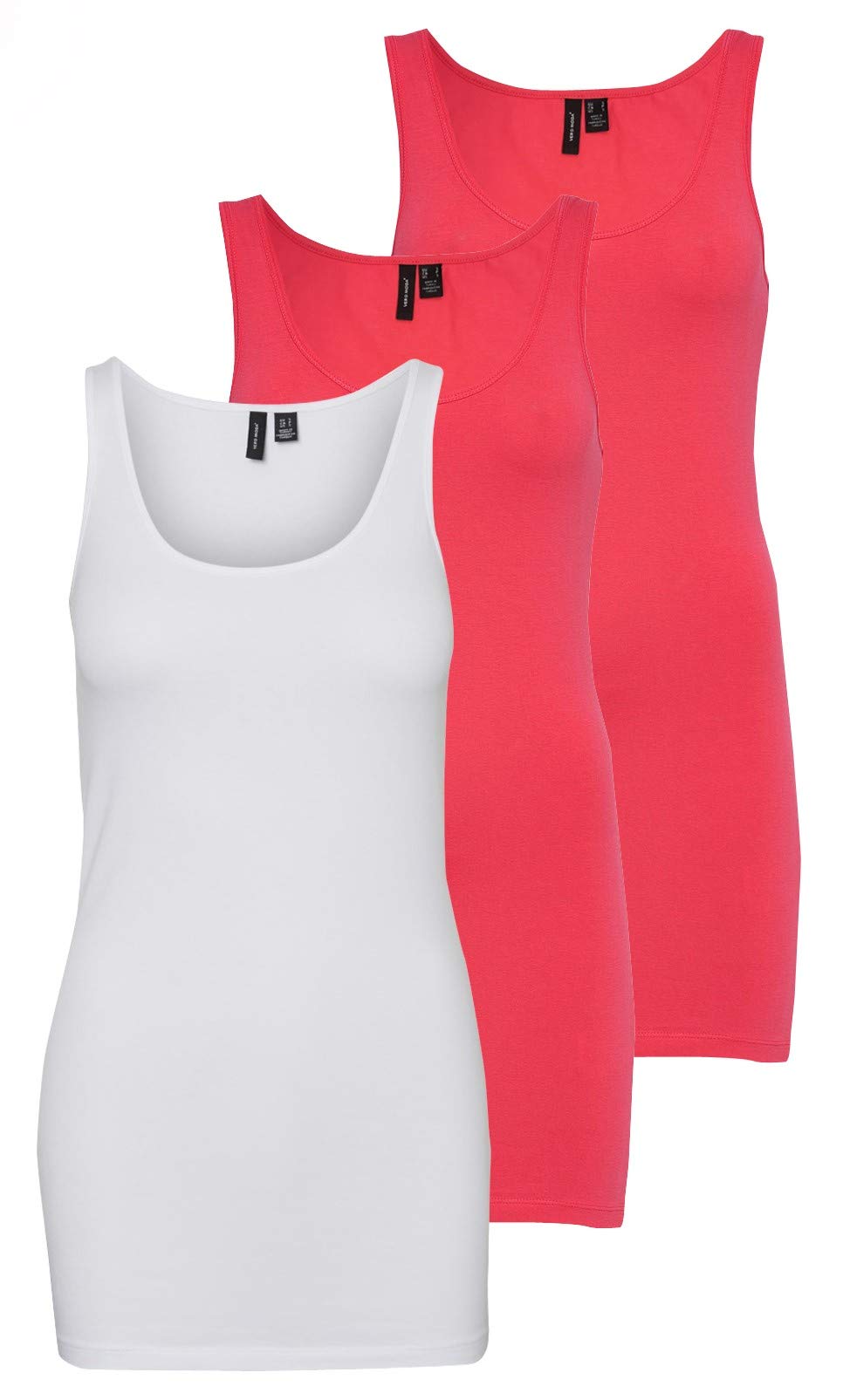 VERO MODA Damen VMMAXI My Soft Long Tank TOP GA 3P 10229554, Bright White/Honeysuckle + HON, L