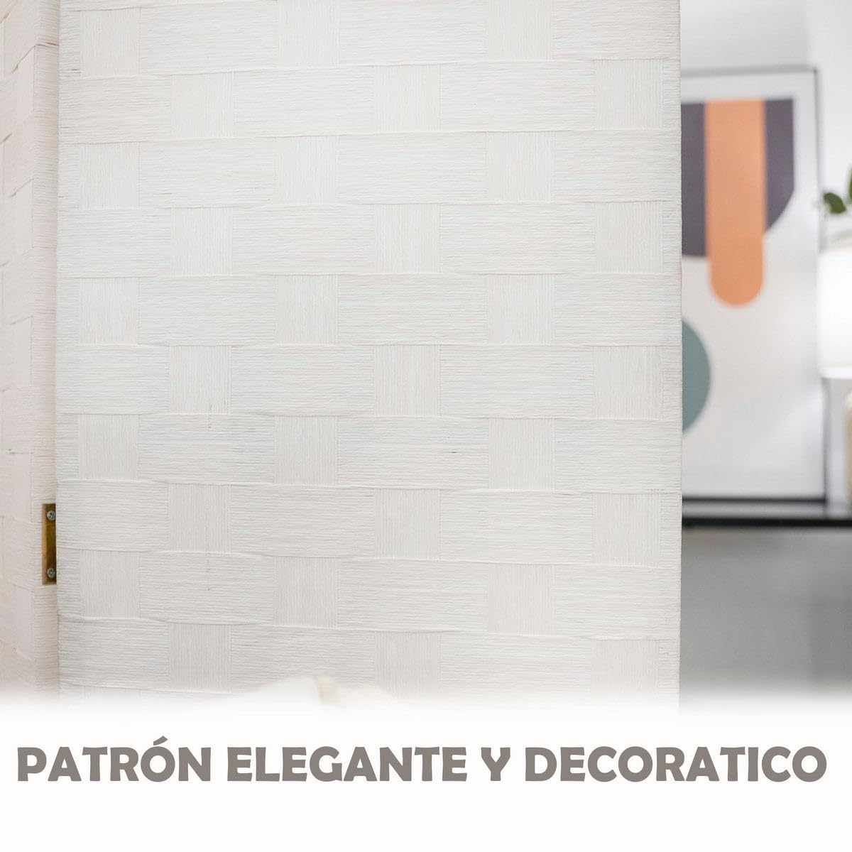 LOLAhome - Biombo de 3 Paneles Plegable, Panel Divisor de Espacios de Madera y Papel Trenzado, Separador de Ambientes para Dormitorio, Salón, Oficina Blanco 120x175 cm