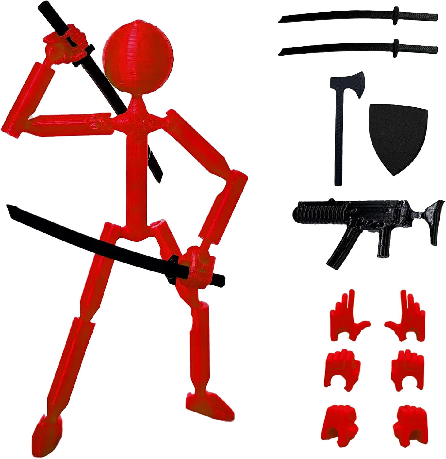 3D Printed 5.67-inch Matchstick Figure, Full Body Mechanical Movable Toy with 5 Weapons and 3 Hand Shapes, Desk Decoration.