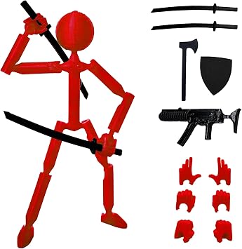 3D Printed 5.67-inch Matchstick Figure, Full Body Mechanical Movable Toy with 5 Weapons and 3 Hand Shapes, Desk Decoration.