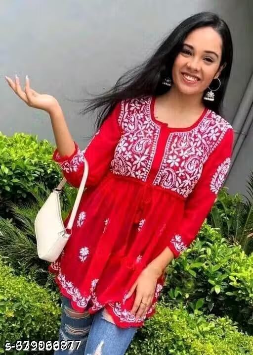 Image of Gauri Laxmi Enterprise Women's Embroidered Georgette Peplum Top | Ethnic Tunic Kurti with Sheer Sleeves | Casual Top for Women