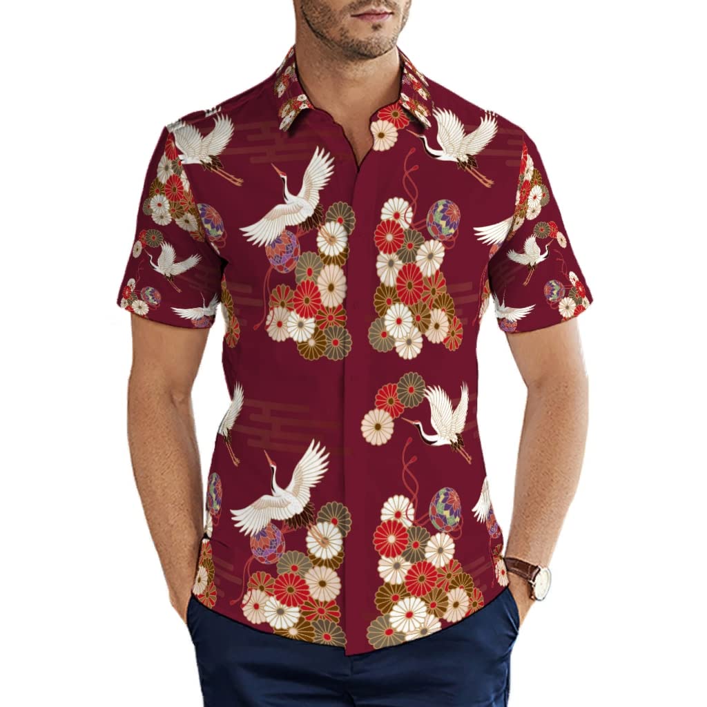 Men's Button Down Shirts Japanese Art Flowers Cranes Hawaiian Shirts Short Sleeve Fashion Summer Shirts