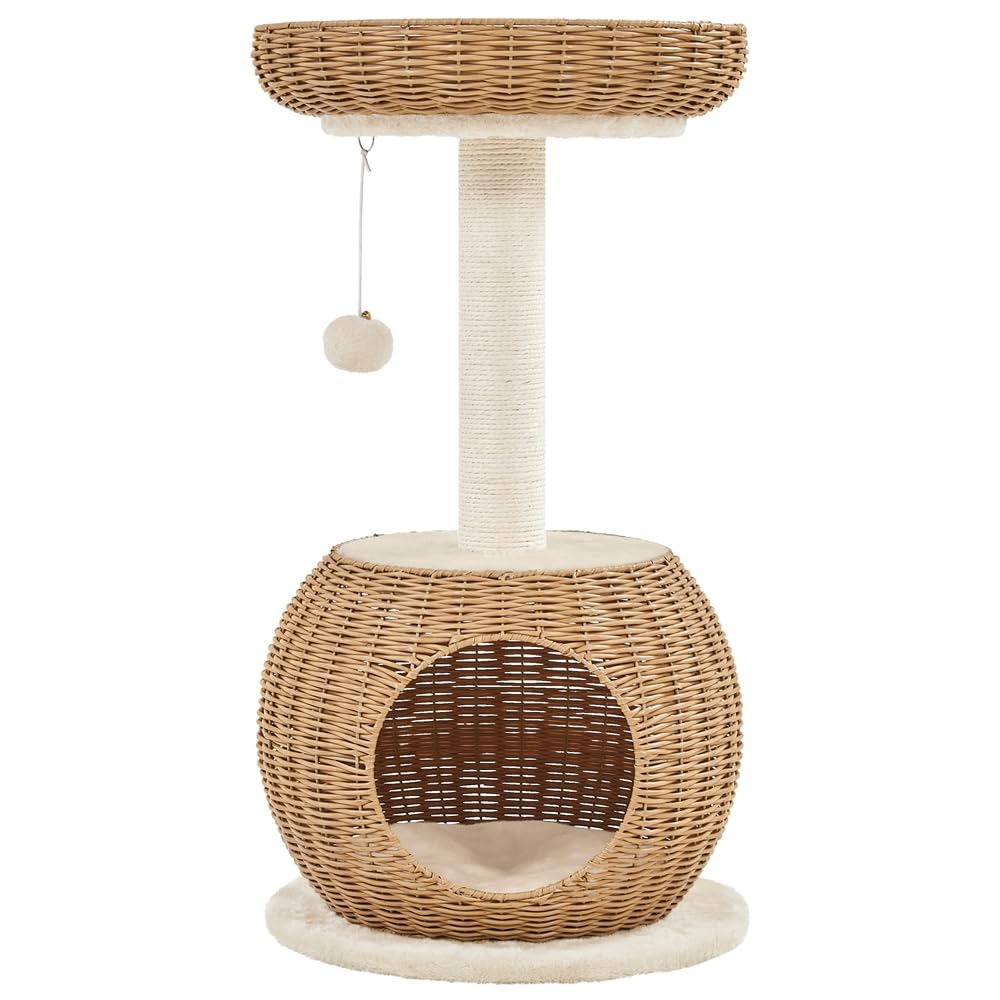 Albero Tiragraffi per Gatti 75 cm Cuccia per Gatti in Rattan Intrecciato PE con Cestino Superiore Rotondo in Sisal e Palla Appesa Beige