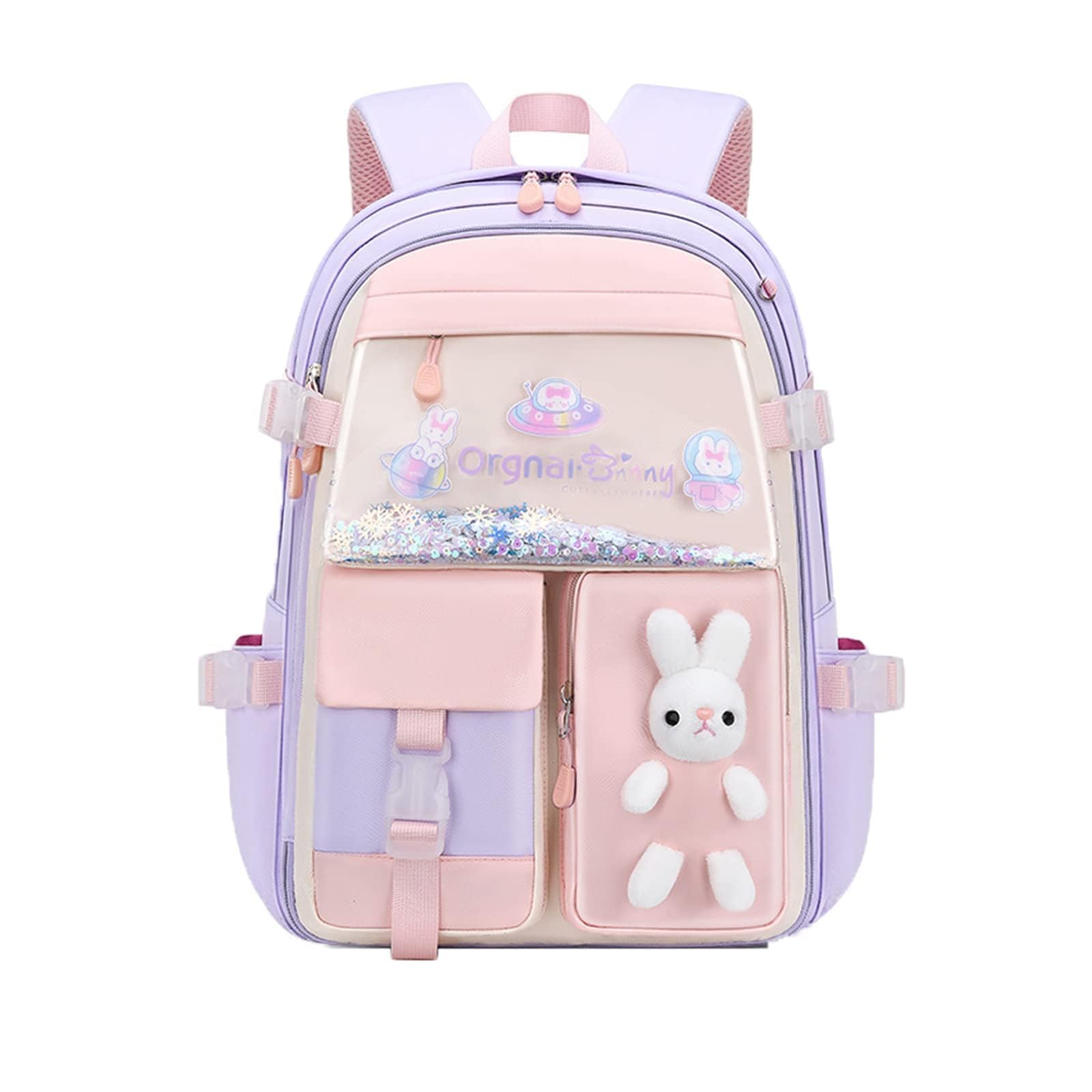 WANWEN WANWEN Mochila Escolar Niña, Mochila de Conejito Kawaii, Refrigerador Puerta Mochila Escolar Impermeable, Conjunto de Mochila de Escuela Primaria Preescolar de Gran Capacidad (Purple,Small)