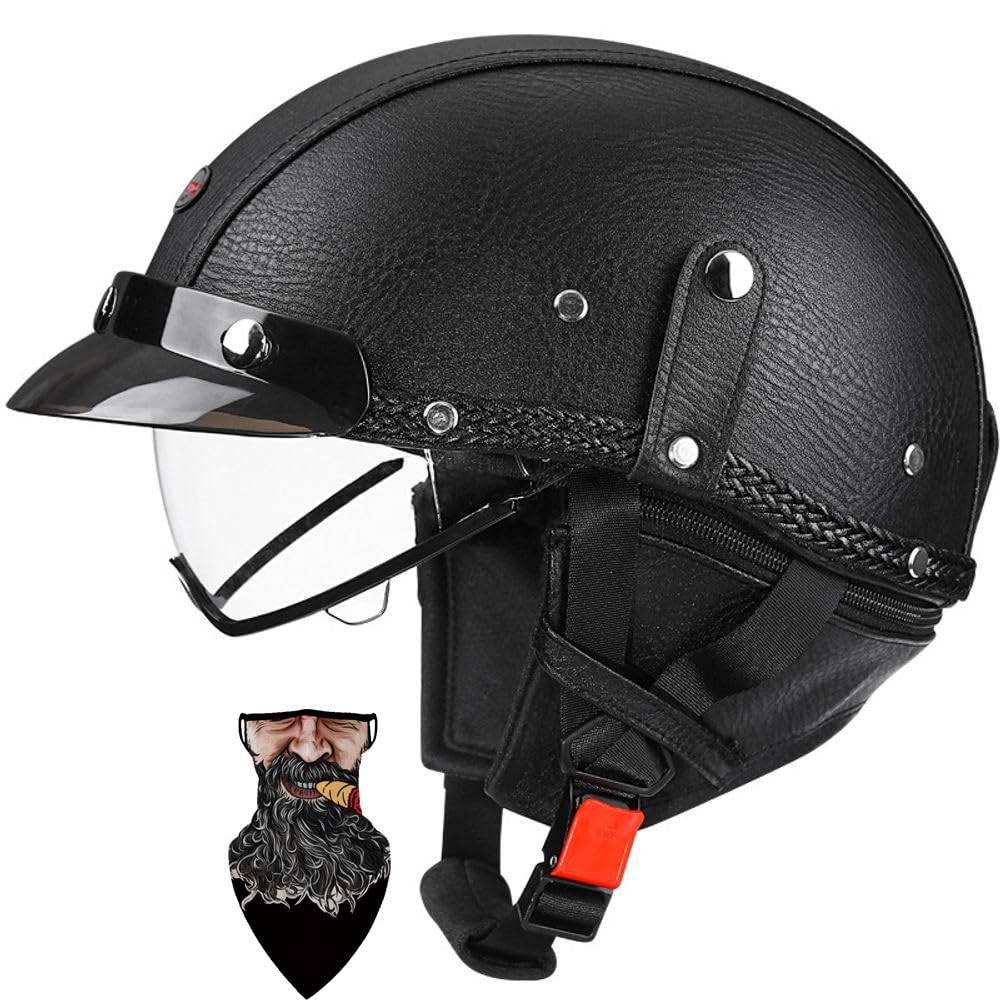 Leder Halbschalenhelm Mit Gesichtsmaske - ECE Zertifiziert S-XL 55-62cm