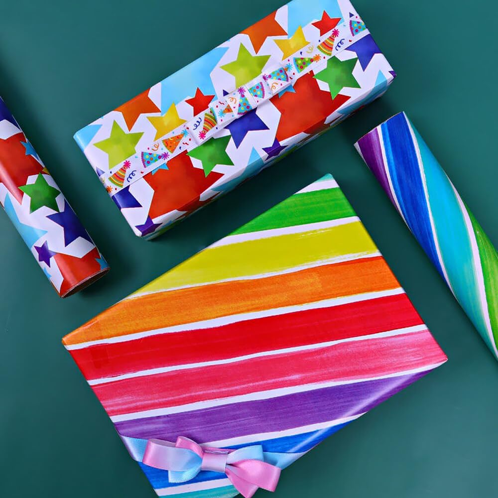 GmeDhc Papier Cadeau Anniversaire, 6 Pièces Rouleau Papier Kraft Motif, 50 X 70cm Papier Cadeau Avec 2 Pièces Ficelle Emballage Cadeau, Feuille Demballage Pour Anniversaires, Noël, Mariages