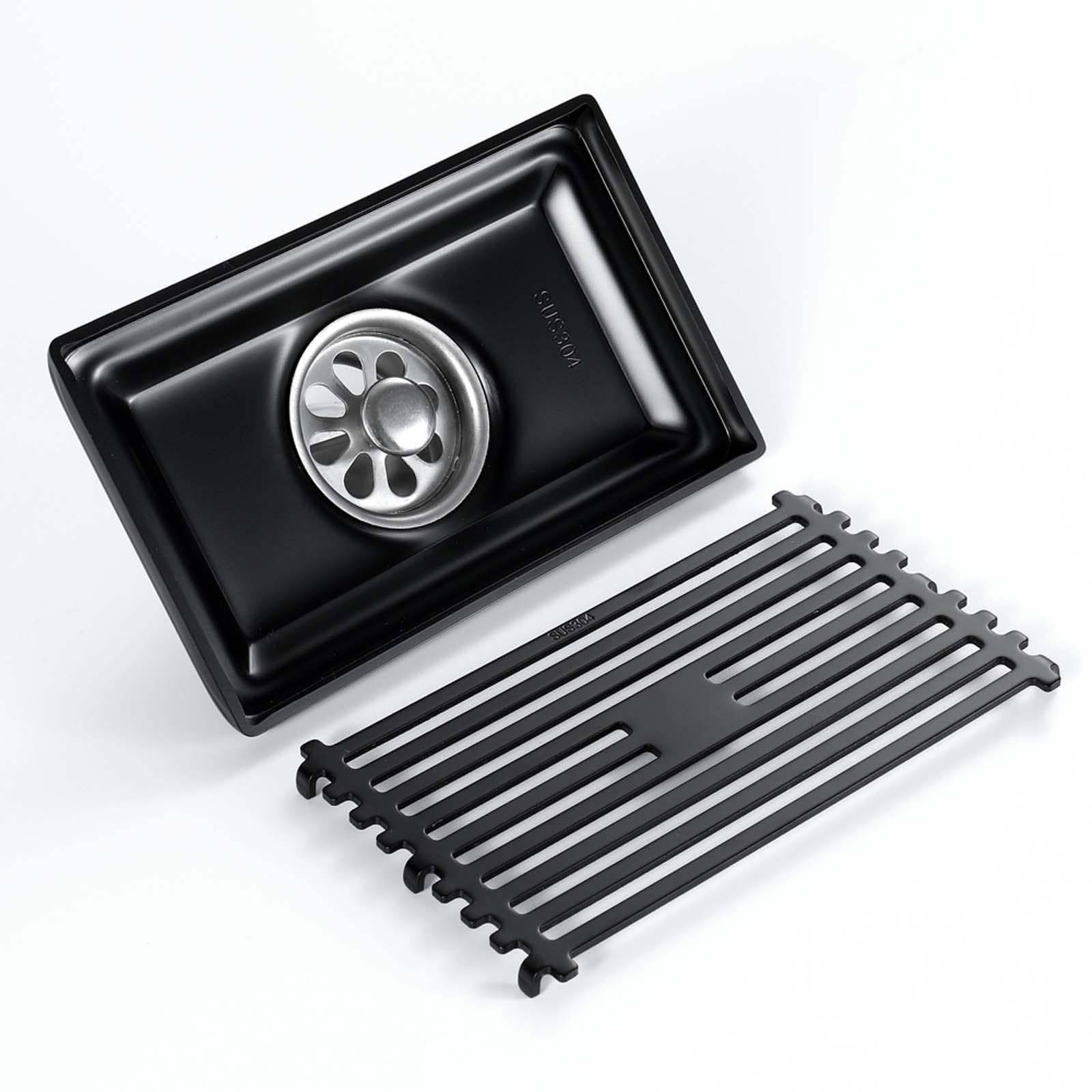 Bonde Douche Acier Inoxydable Siphon Douche Rectangle Bonde de Douche Amovible Bonde Douche Extra Plate Noir Siphon de Sol 145 * 90mm Convient pour Balcon, Salle de Bain, Cuisine