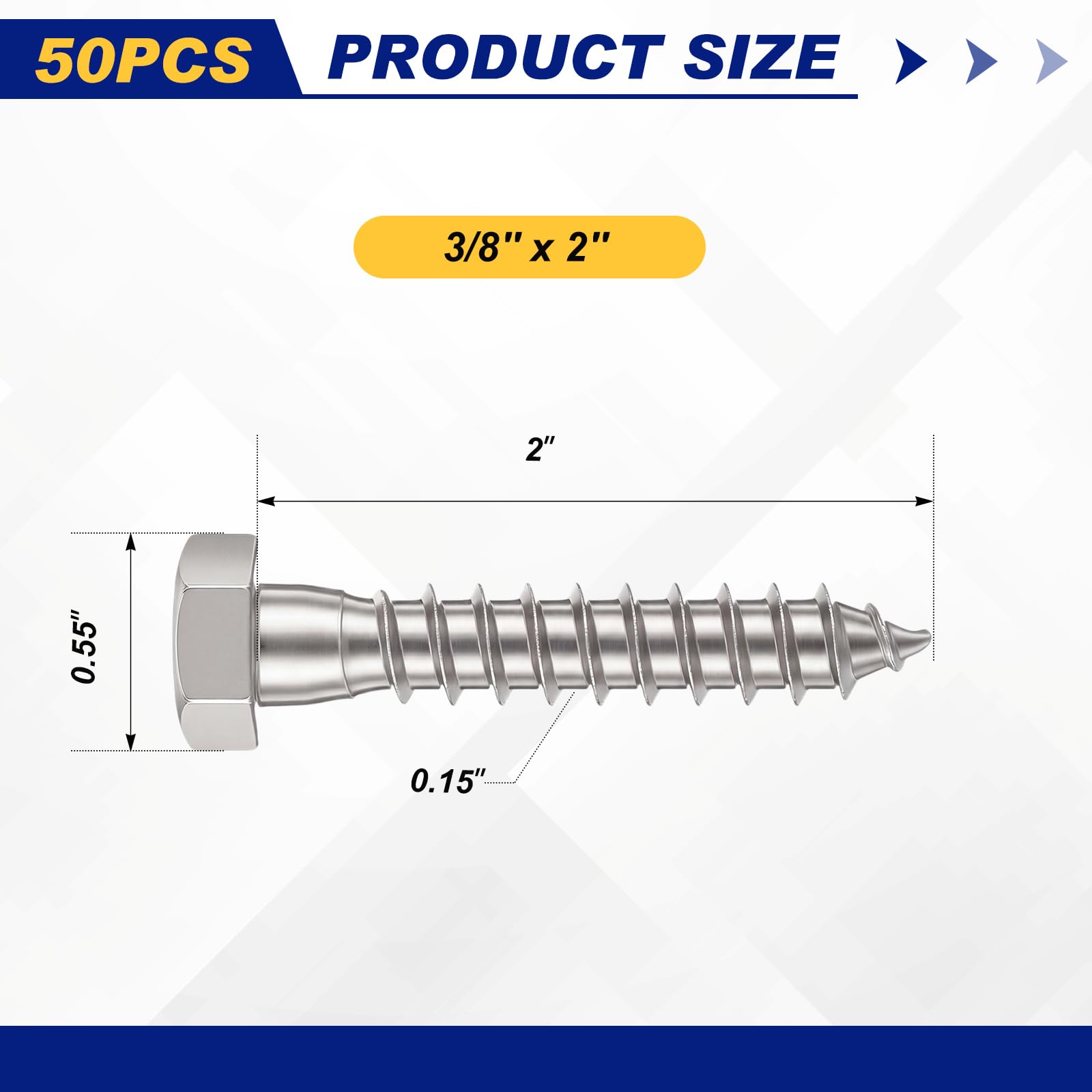 Zonon 50 tornillos hexagonales de 3/8 x 2 pulgadas, acero inoxidable 304, 50 tornillos y 50 arandelas, grado industrial/comercial