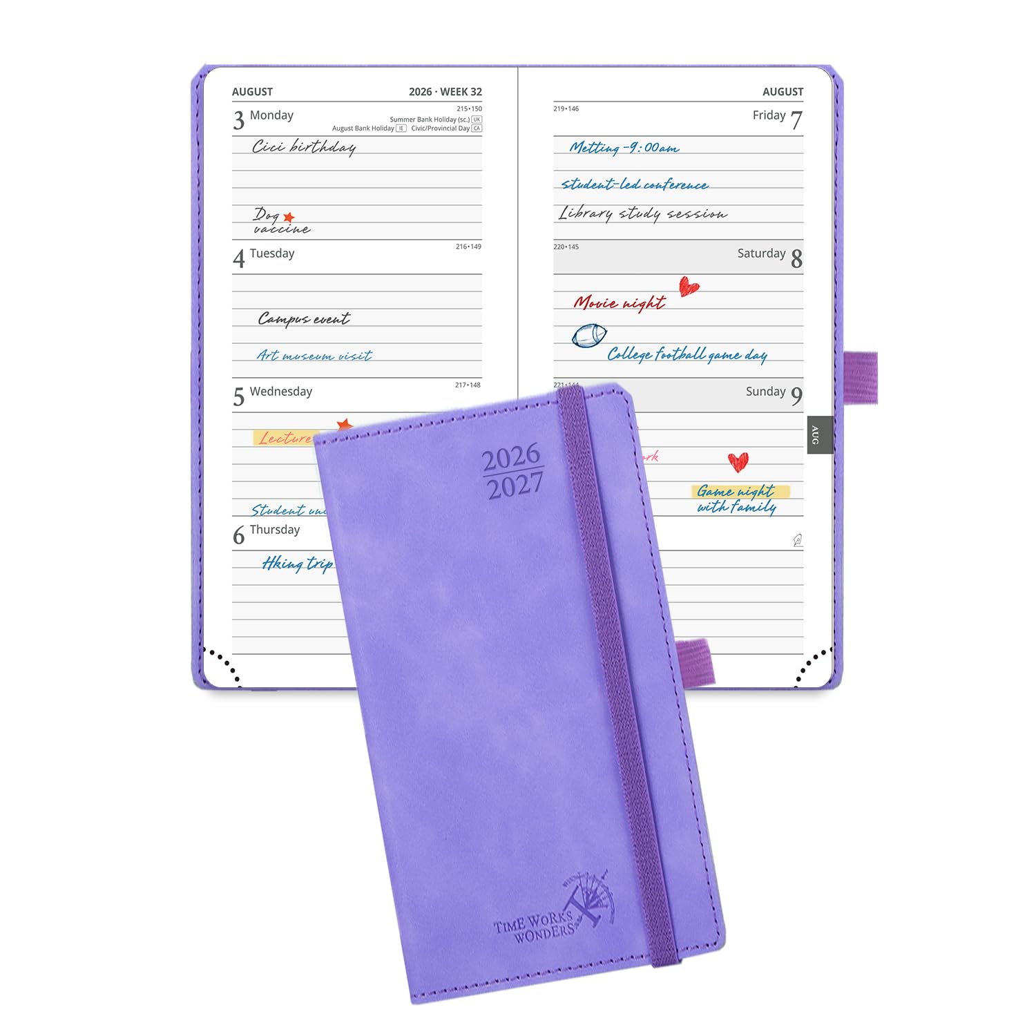 POPRUN 2026-2027 Academic Pocket Diary Week to View Slim (16.5x9 cm) 17 Months (Aug'26 - Dec'27) Small Hard Cover 26/27 Mid Year Weekly Planner for Bag(Lilac) โ image 1