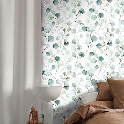 Miniatura 5 de Papel tapiz de hojas de eucalipto verde acuarela para despegar y pegar, papel de contacto bohemio, autoadhesivo, extraíble, impermeable, decorativo