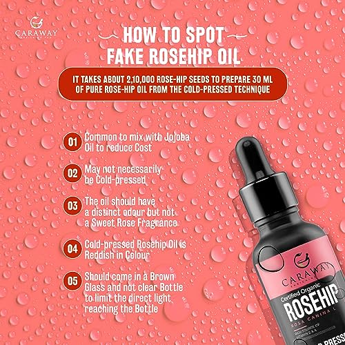 Image of CARAWAY Organic Rosehip Oil Certified Organic Cold Pressed Rosehip Oil |Prevents Acne, Wrinkles & Anti-Ageing | Reduces the Appearance of Scars, Stretch Marks - 50 ml