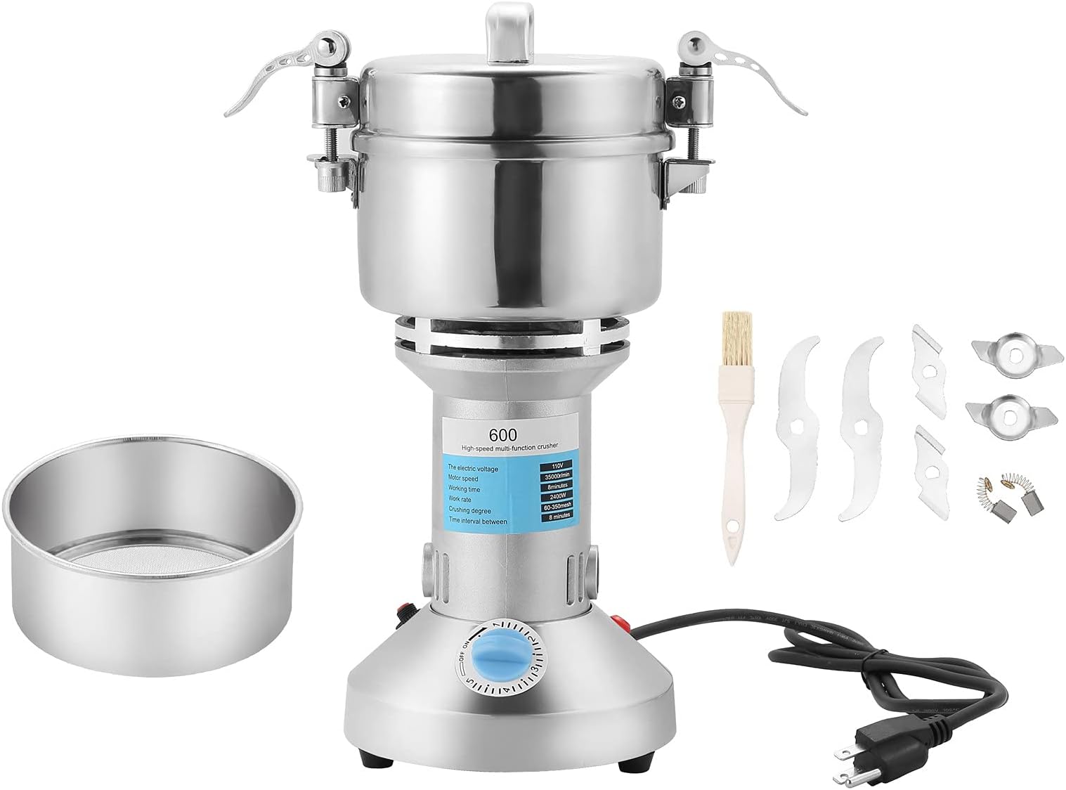 FLKQC High Speed 600g Electric Grain Mill Machine Spice Herb Grinder 2400W 60-350 Mesh 35000RPM Stainless Steel Commercial Grade for Kitchen Herb Spice Pepper Coffee (600g)