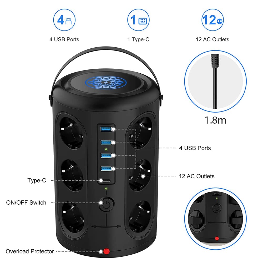 Wieża przeciwprzepięciowa na 12 gniazd z 4 portami USB i 1 USB-C i ładowarką bezprzewodową, 2500 W 10 A 110–250 V, przewód 1,8 m, wskaźnik LED, gniazdo przedłużające z wieloma