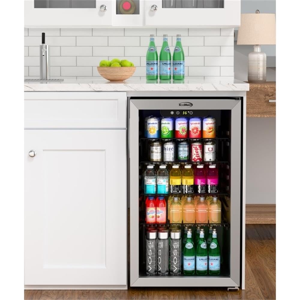 Pemberly Row 18" 3.2 Cu. Ft. Beverage Refrigerator, Black Finish, Tempered Glass Door, Digital Temperature Control, Illuminated Blue LED, Holds 119 Cans, Compact Merchandiser For Home Or Commercial on Fridge.com - View 5