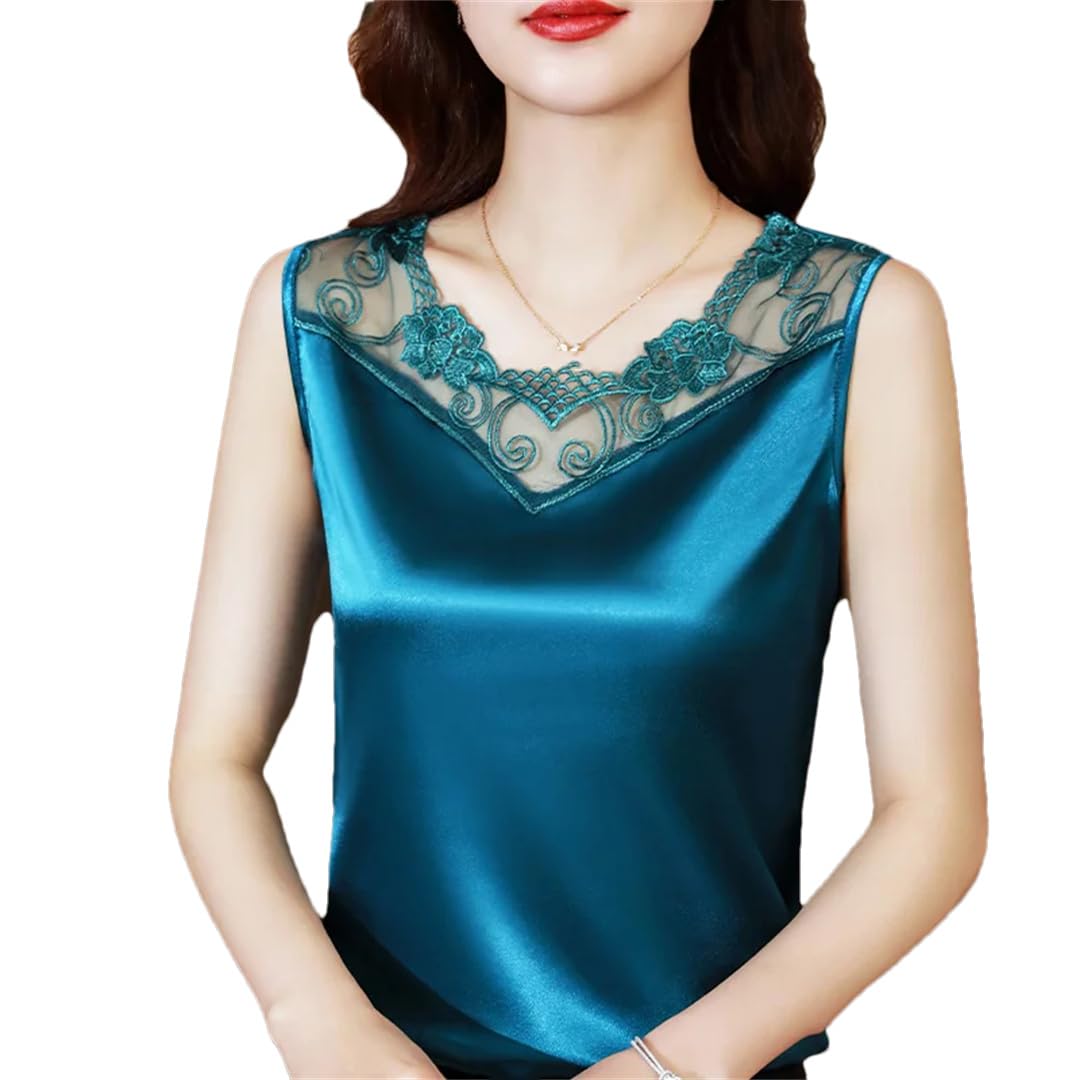 Camicetta da donna in raso con scollo ricamato in pizzo estivo senza maniche camicie in seta sciolto top da ufficio