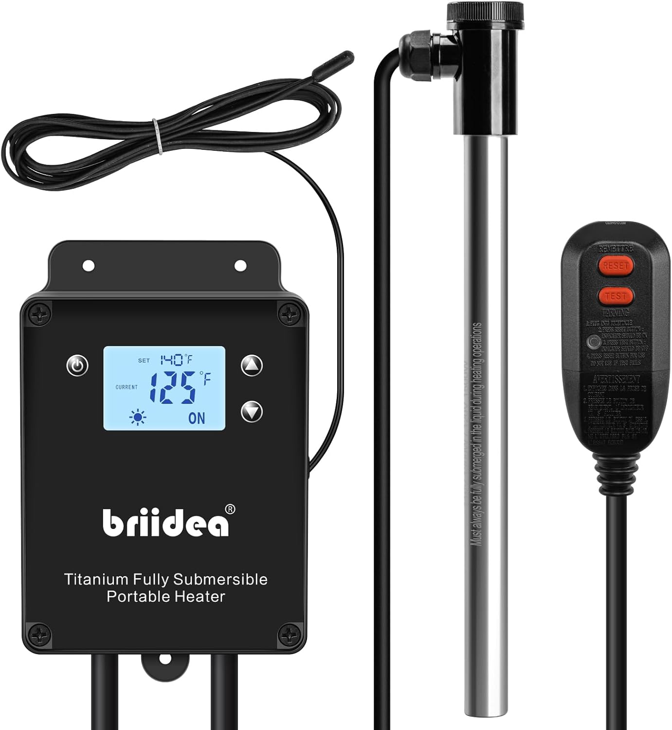 1500W Titanium Portable Hot Tub Heater, Briidea Fully Immersion Water Heater with with Thermostat & Anti-Corrosion Sensor, Rapid Heating for All Types of Liquids Regular model
