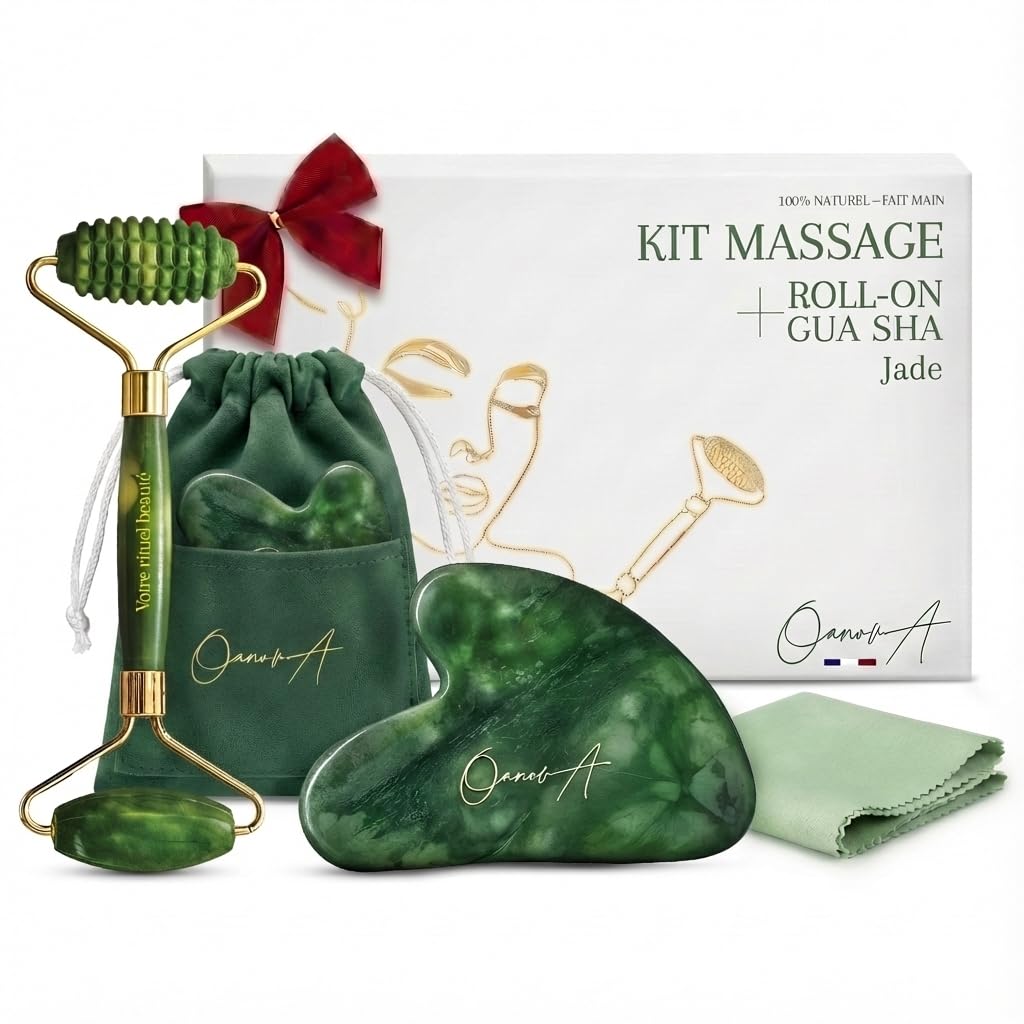 Kit Gua Sha per Viso e Corpo & Roller | Pietra Di Giada Verde | Massaggio Antirughe & Drenaggio Linfatico | Lifting Mento Doppio | Guasha | Maderotherapy | Gasha | Raffinare Shaper del Viso [OanovA]