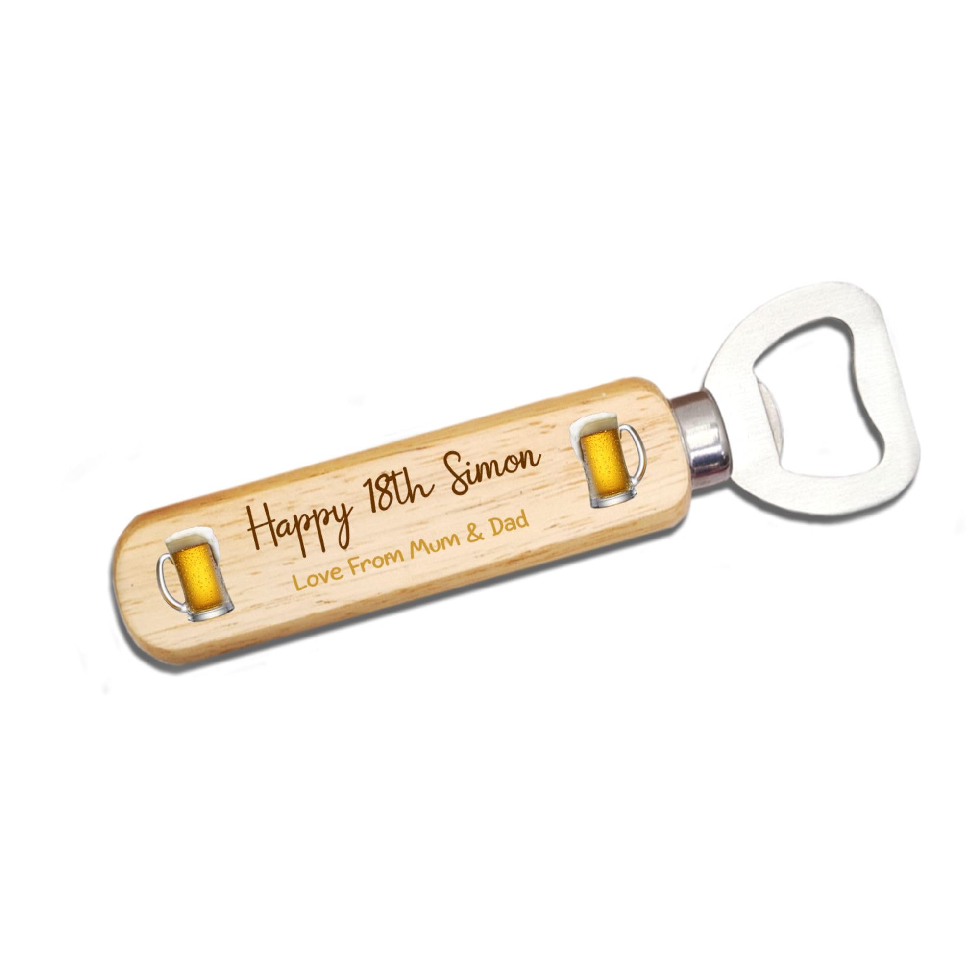 Handmade Personalised Wooden Bottle Opener – Happy 18th Birthday – Custom Printed Beer Opener with Name & Message – Rustic Wood Handle & Stainless Steel – Gift for Birthday for Beer Lovers
