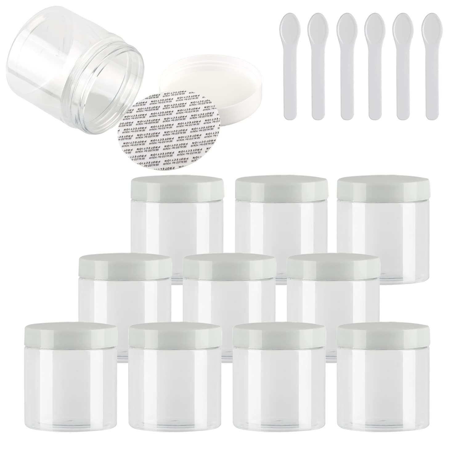 24 Stück Kleine 200 ml Transparent Kunststoff Leere Cremedose Dose mit Weiß Deckel 200 g Leerdose Schraubdose Blechdosen Kosmetische Behälter Tiegel, 6 Stück Spatel