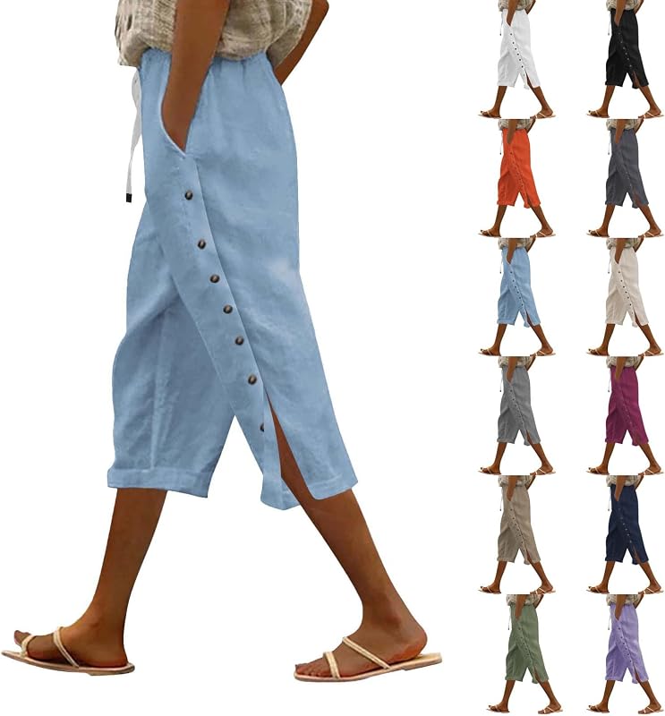 Capri Pants for Women Casual Summer Linen Beach Lounge Pants Straight Wied Leg Vacation Trousers with Pockets