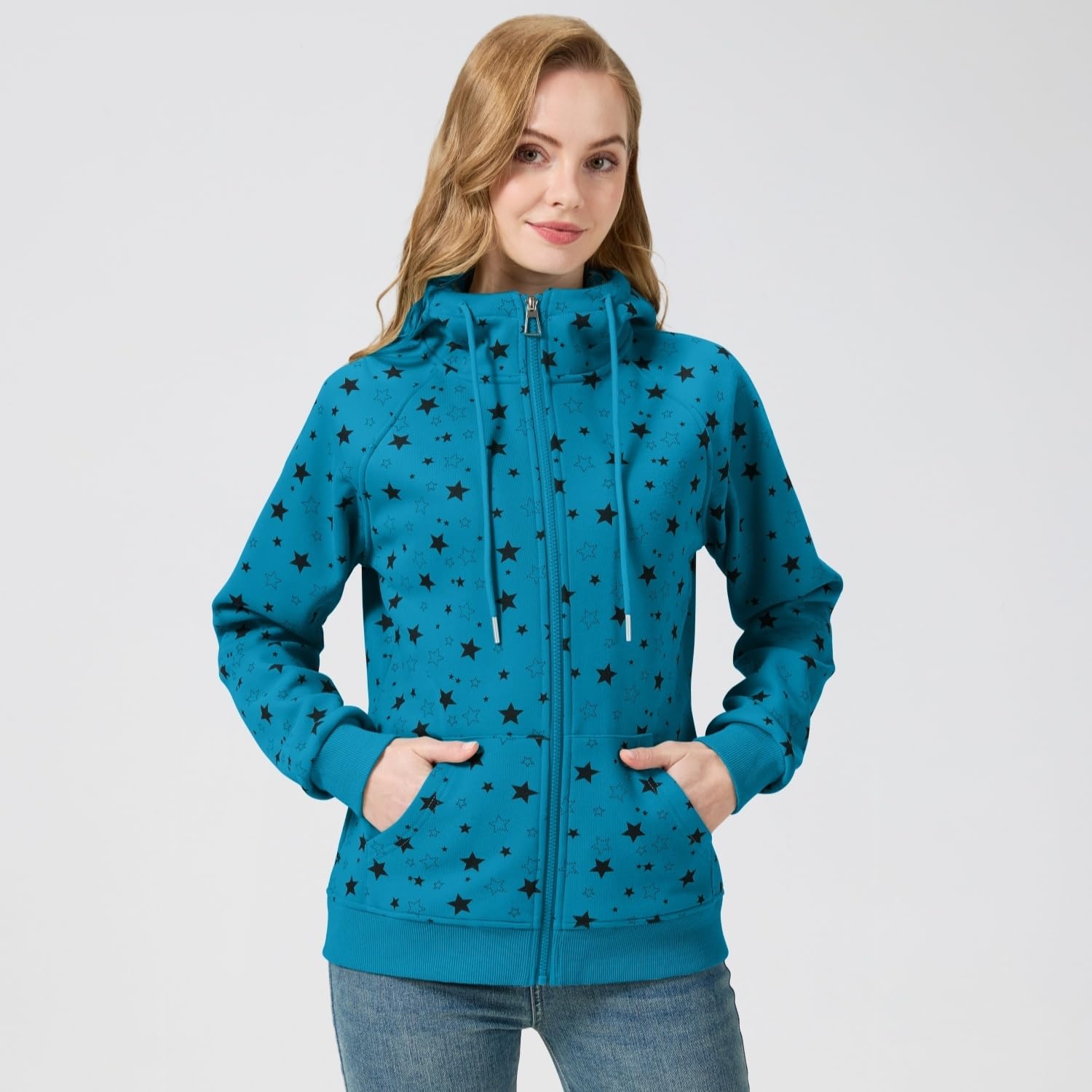 Hoodie Damen Sweatjacke mit Sternenprint Kapuzenpullover Pulli mit Reissverschluss Frühling Herbst Fleece Kapuzenjacke