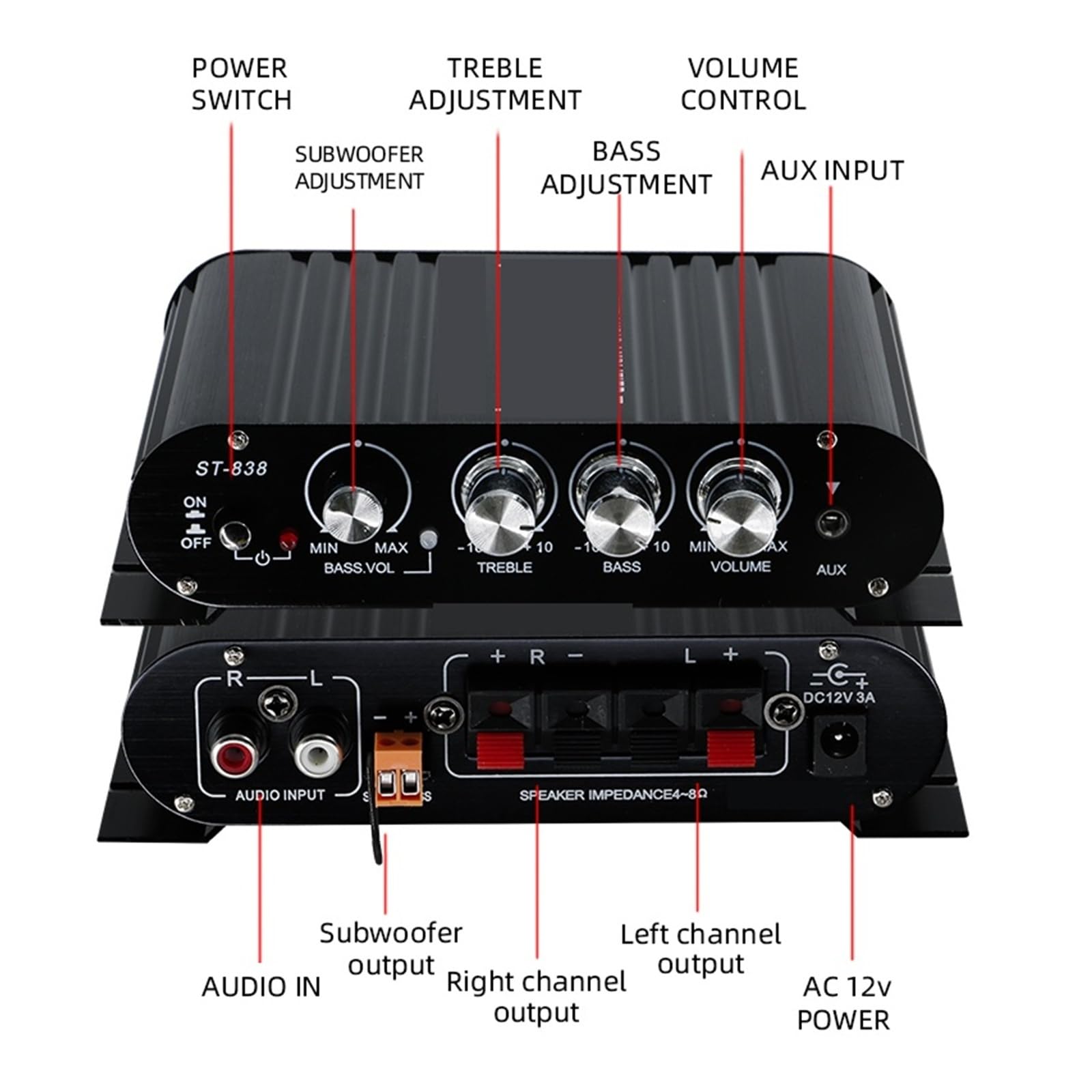 Amplificador de Potencia ST-838 HiFi de 2.1 Canales, Amplificador de subwoofer de 20 W x 2, Ajuste de Graves y Agudos.