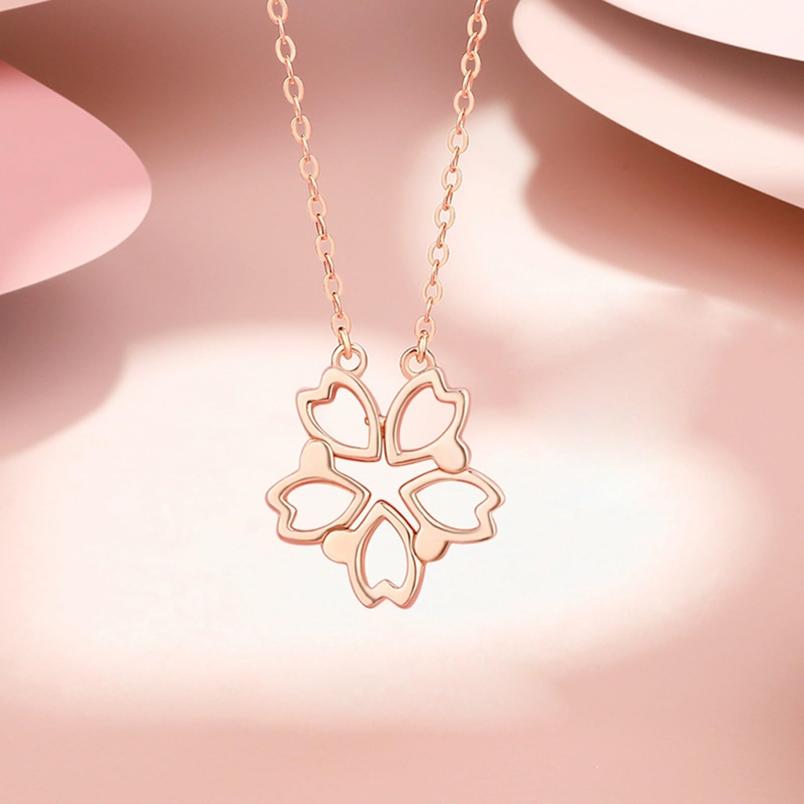 Collar de oro rosa para mujer, collar con colgante de flor de cerezo hueco liso de oro rosa de 9 quilates, 14 quilates, 18 quilates, cadena alargada: 40 + 5 cm