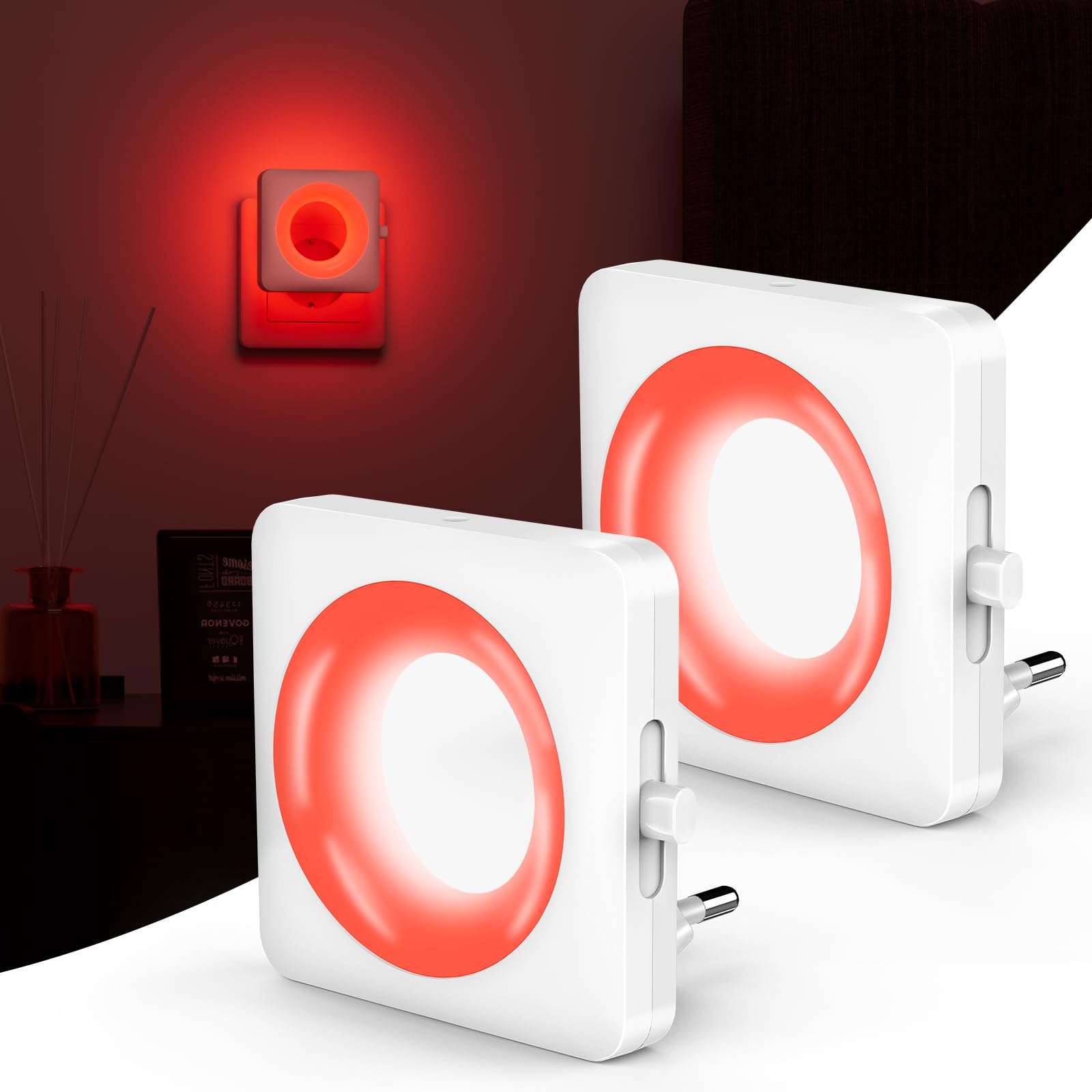Swoieltr Luce Notturna Bambini da Presa, [2 Pezzi] Rosso Rilassante Luci con Sensore Crepuscolare e Automatico Luminosità Regolabile per Camera da Letto, Corridoio, Scale, Bagno