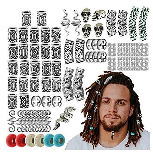 85Pcs Viking Norse Rune Beard Beads Ring Hair Braids Dreadlock Dreads Skull Snake Wolf Cross Turquoise Filigree Cuff Pirate Accessories Clips Pins Tube Locs Hair Extension Jewelry Vintage Silver