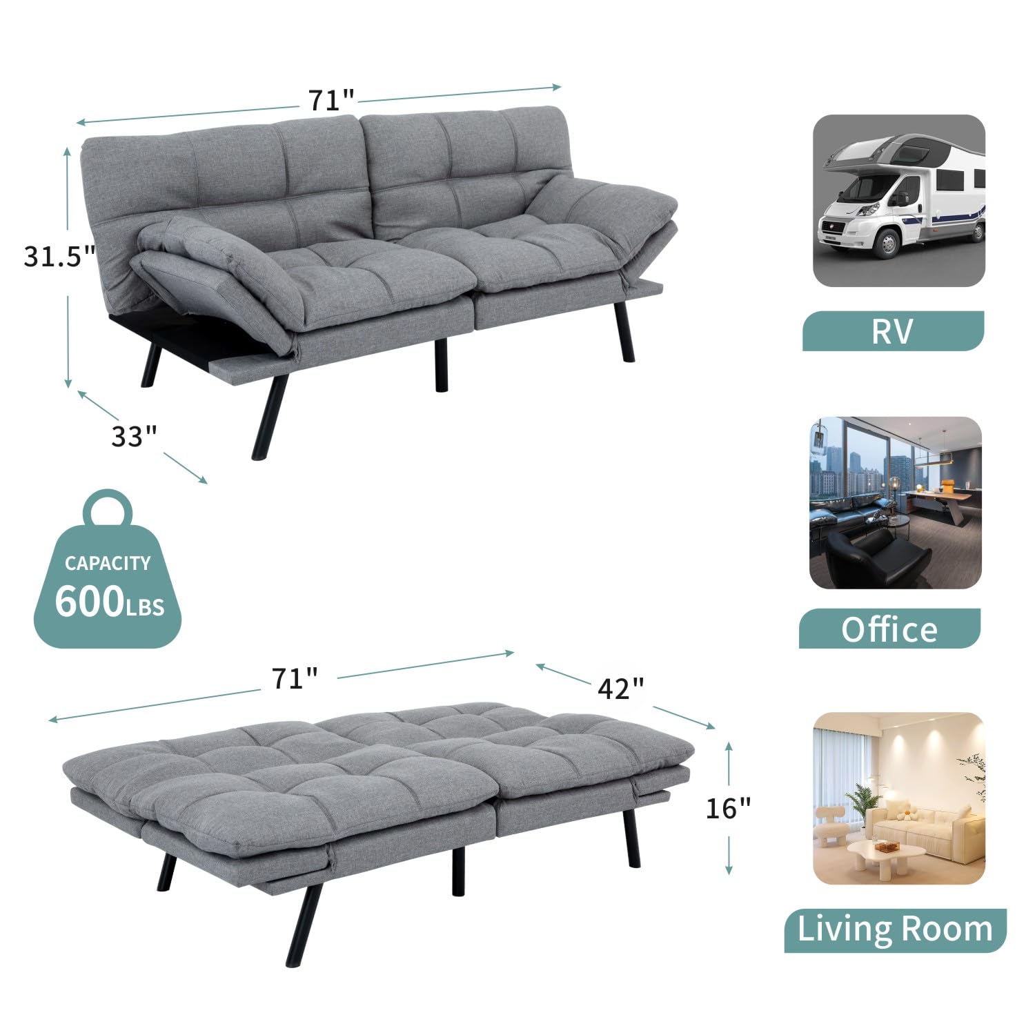 MUUEGM 71" Futon Sofa Bed with Memory Foam,Futon Couch with Adjust Backrest and Armrest, Couches Bed for Living Room,Studios, Apartments, Dormitories, Offices and Game Rooms. Light Grey Sofa Bed