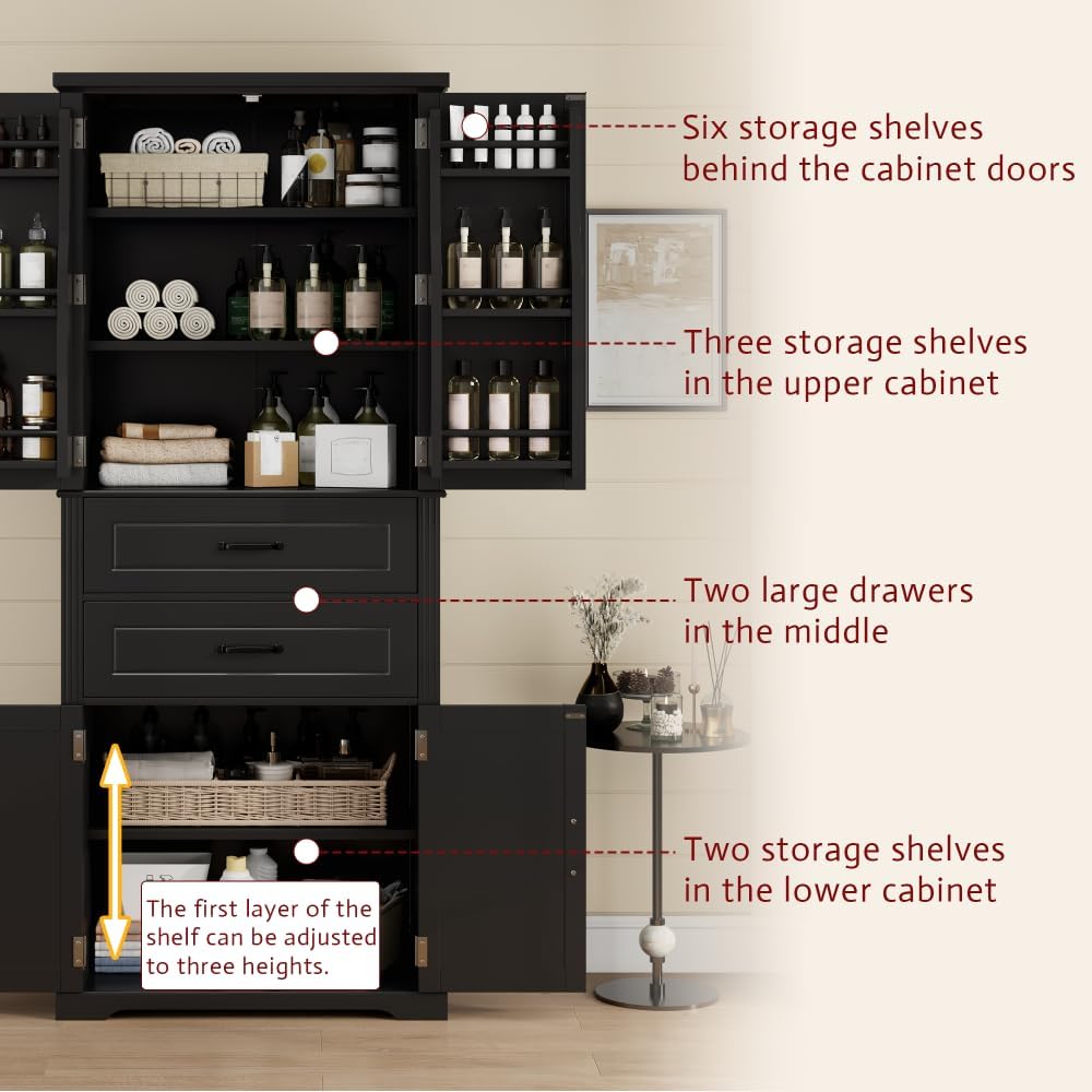 Diagram illustrating the internal storage layout of the cabinet, showing six shelves behind the upper doors, three shelves in the upper cabinet, two large drawers, and two shelves in the lower cabinet with an adjustable bottom shelf.