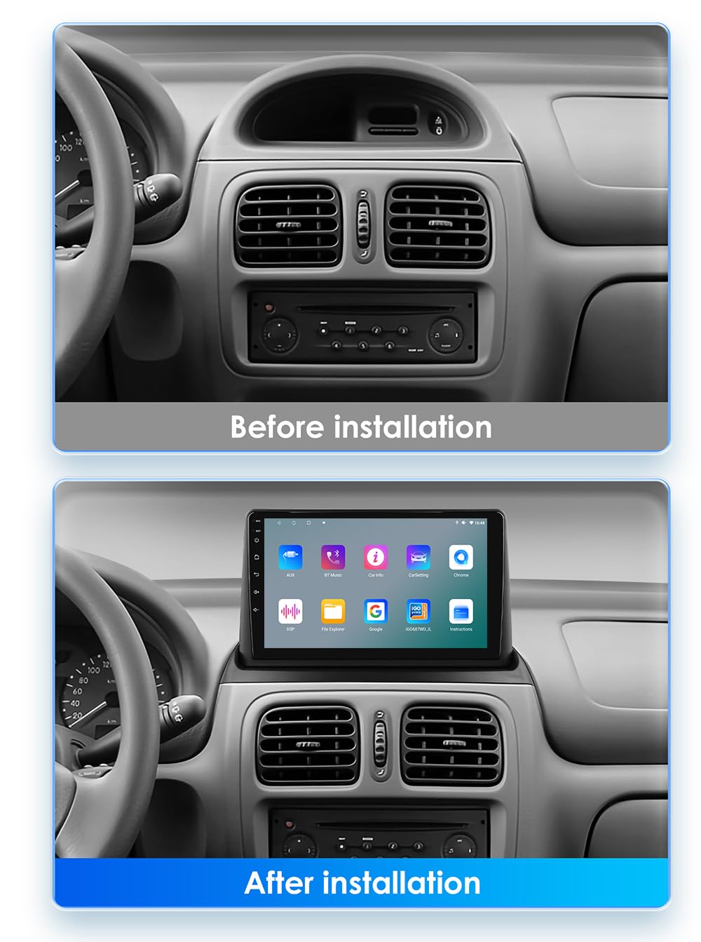 Ossuret Radio samochodowe do Renault Clio 2 (2000-2012), 9 cali Android 13 ekran dotykowy 2+32 GB GPS nawigacja z Carplay Android Auto WiFi Bluetooth sterowanie kierownicą (typ A)