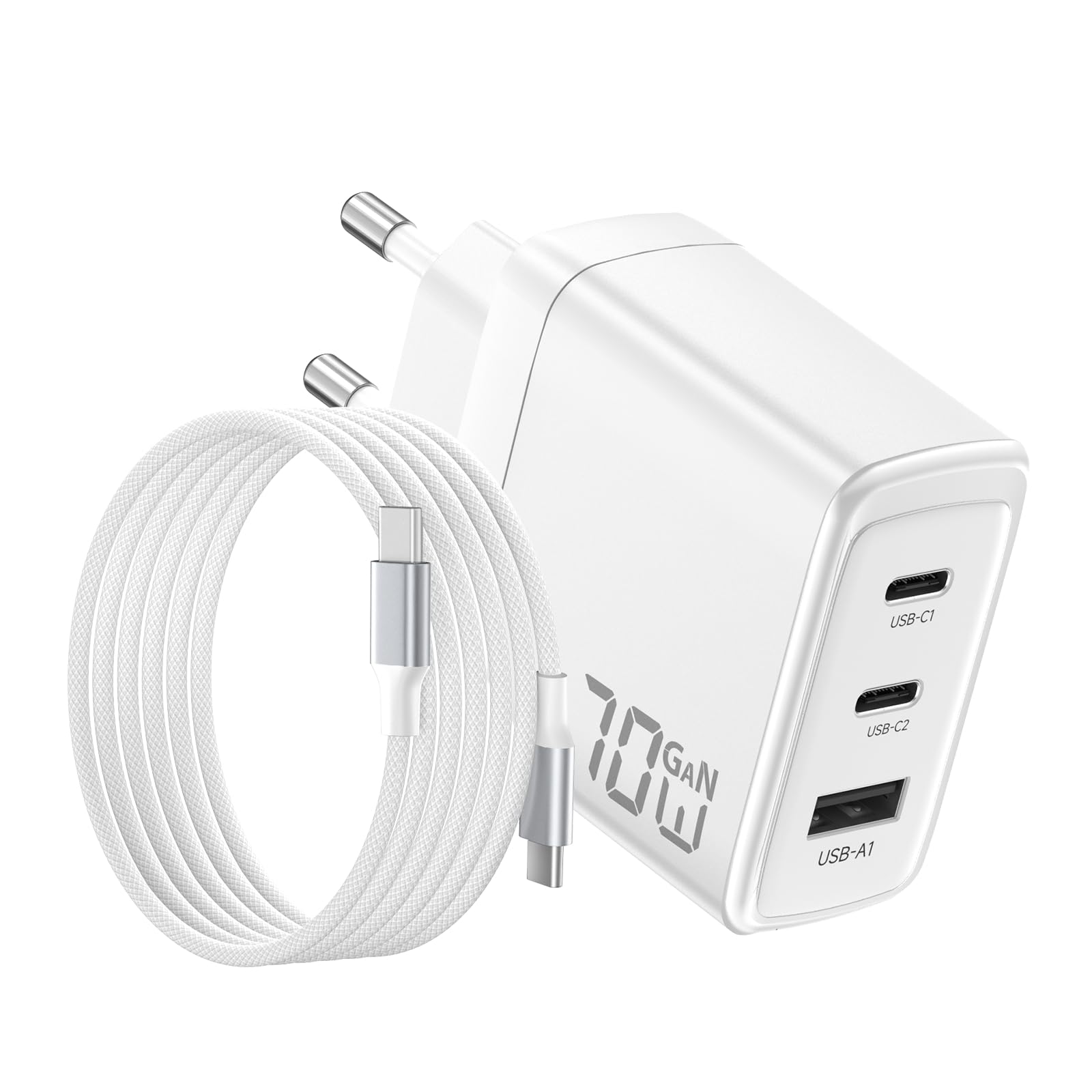Cargador USB C 70W, Carga Ultra Rápida 3 Puertos PD3.0 PPS GAN II | con Cable Trenzado 2M, Compatible para MacBook Pro/Air, para iPhone 17/16/15, para Galaxy S26/25,para iPad, Pixel