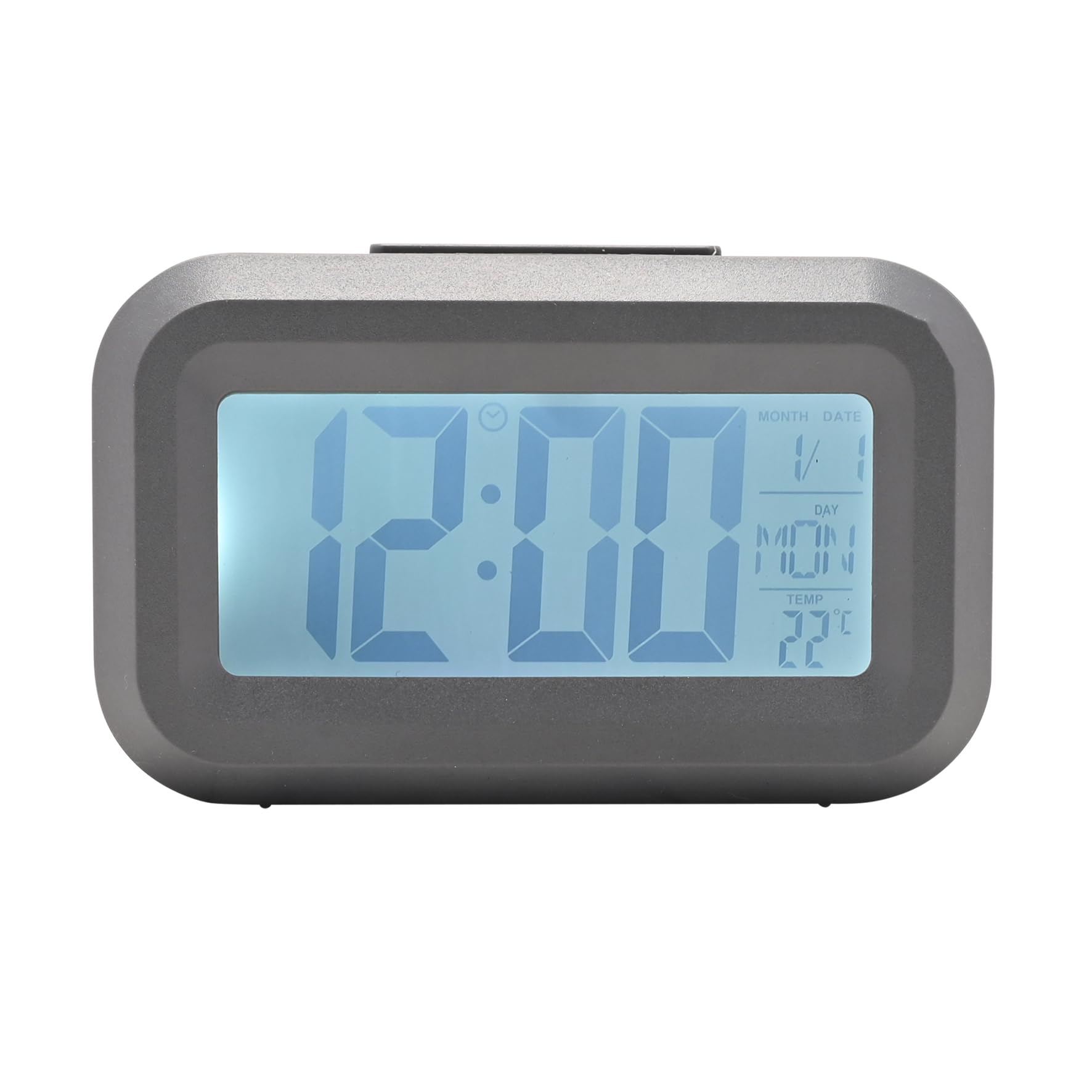 Woodhouse & Mitchell Digital Alarm Clock – Silent Non-Ticking LED Bedside Clock with Adjustable Brightness, Time, Date & Temperature Display, Battery Powered Travel Alarm Clock (Grey)