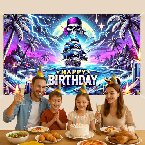 Image of Happy Birthday Backdrop Pirate Ship Skull Treasure Neon Photography Background 70.8x43.3in Boys Kids Party Decorations