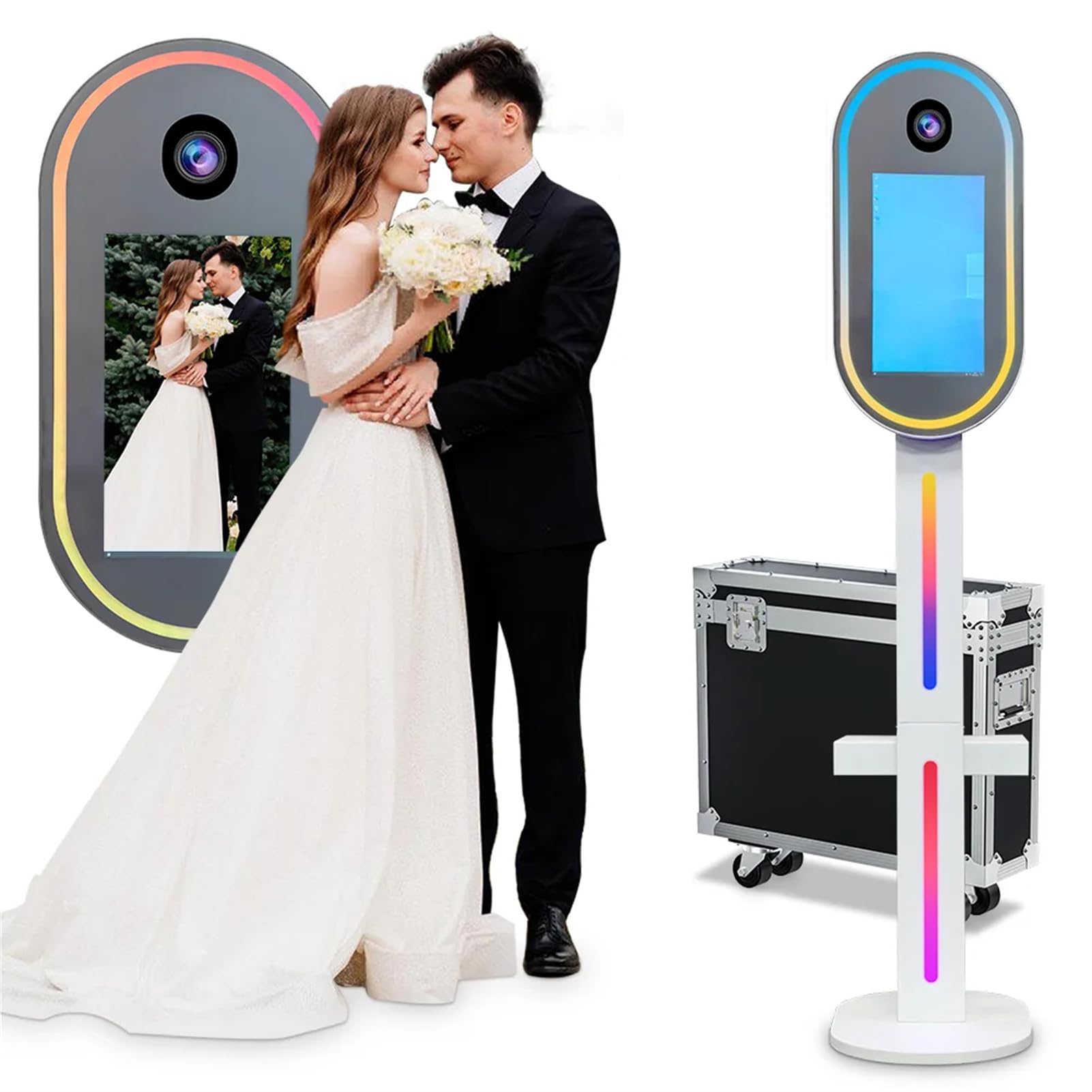 FXNFXLA Mirror Photo Booth for Camera, DSLR Selfie Station Photobooth Shell Stand Machine with 15.6" Touch Screen, RGB Light and Flight Case, for Events Rental
